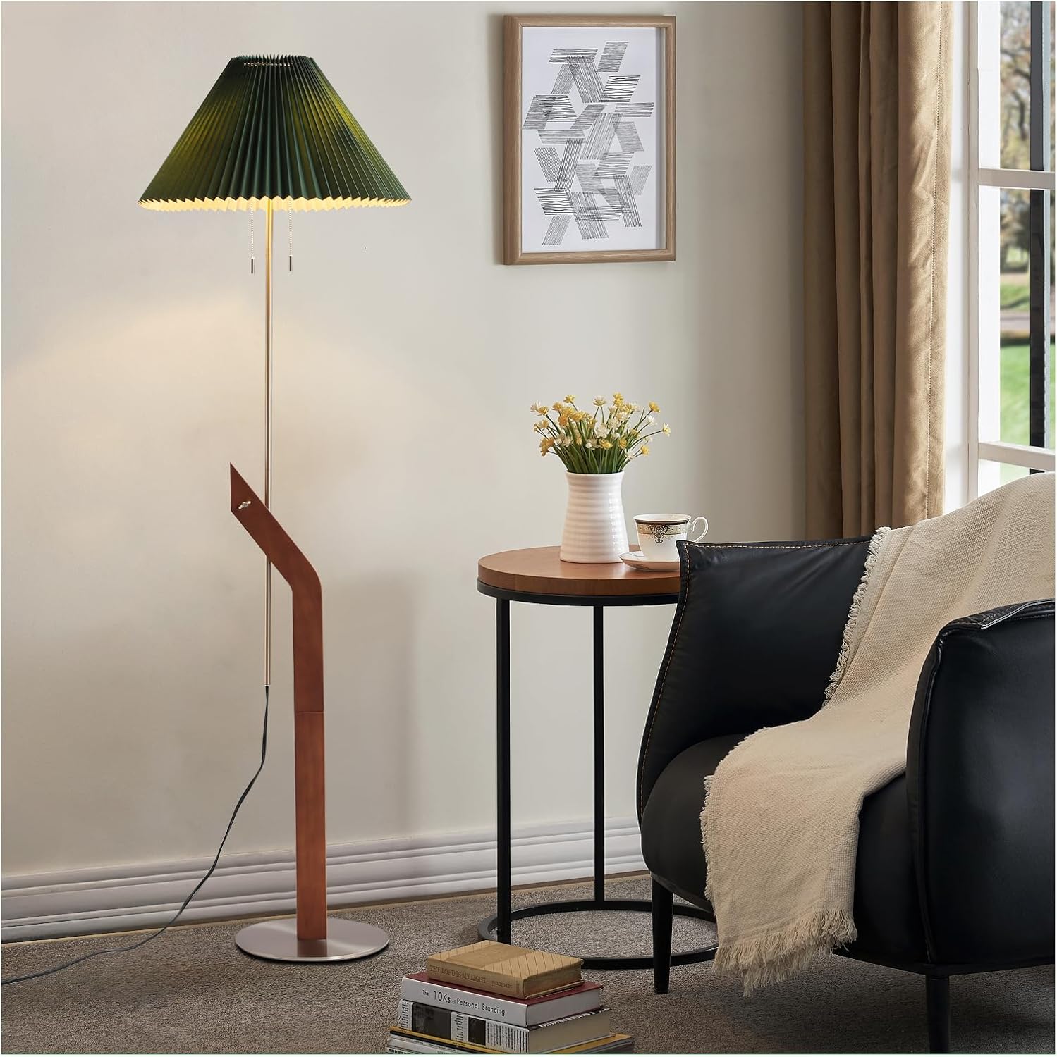 Floor Lamps for Living Room, Mid Century Modern Wood Large Floor Lamp, Height Adjustable Study Room, Bedroom, Office Tall Standing Floor Lamp, Green Pleated Lampshade