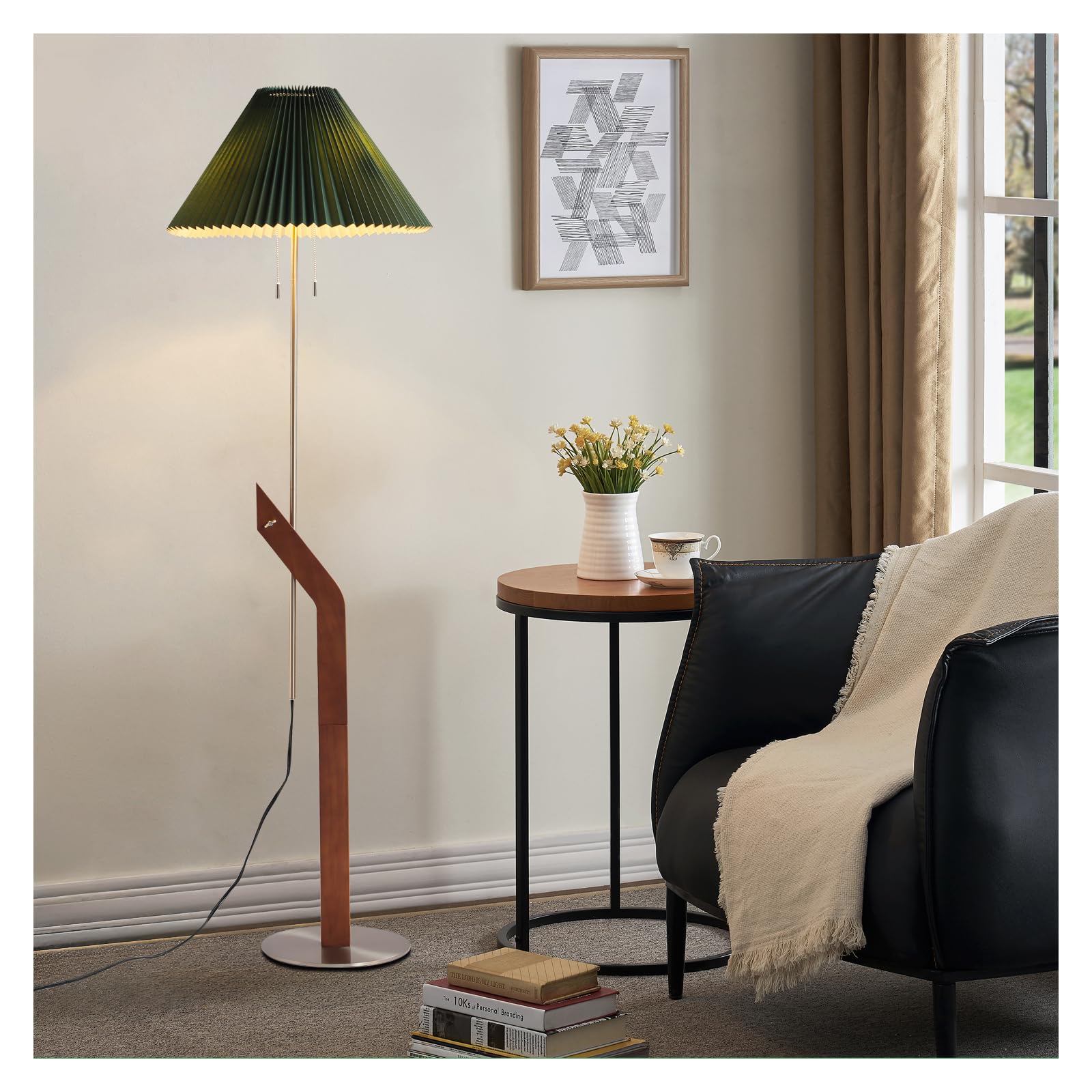 Floor Lamps for Living Room, Mid Century Modern Wood Large Floor Lamp, Height Adjustable Study Room, Bedroom, Office Tall Standing Floor Lamp, Green Pleated Lampshade