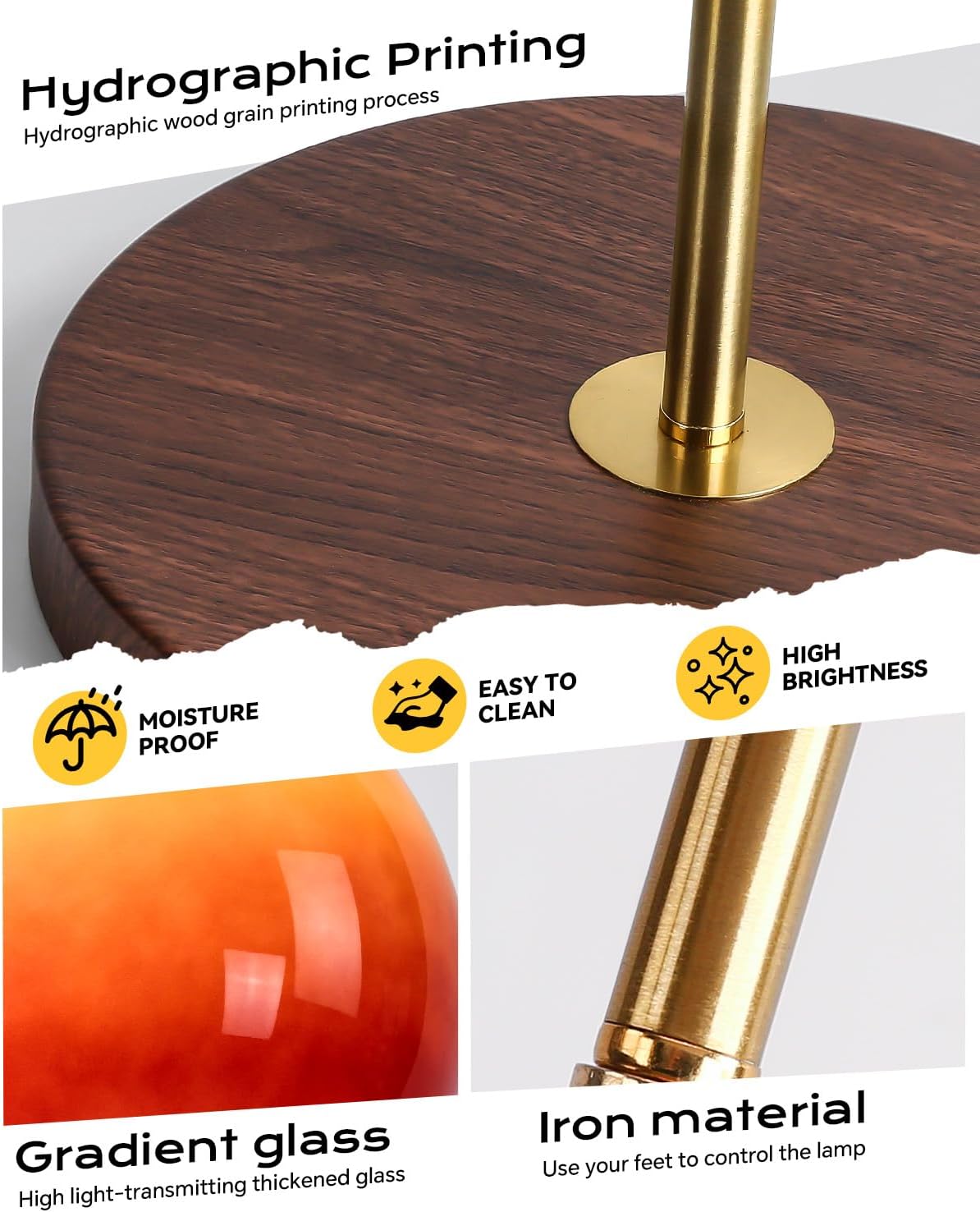 Orange Mushroom Floor Lamp, Vintage Floor Lamp with Gradient Glass Shade & Walnut Color Finish, Mid Century Modern Brushed Gold Standing Lamp for Living Room, Bedroom, Office