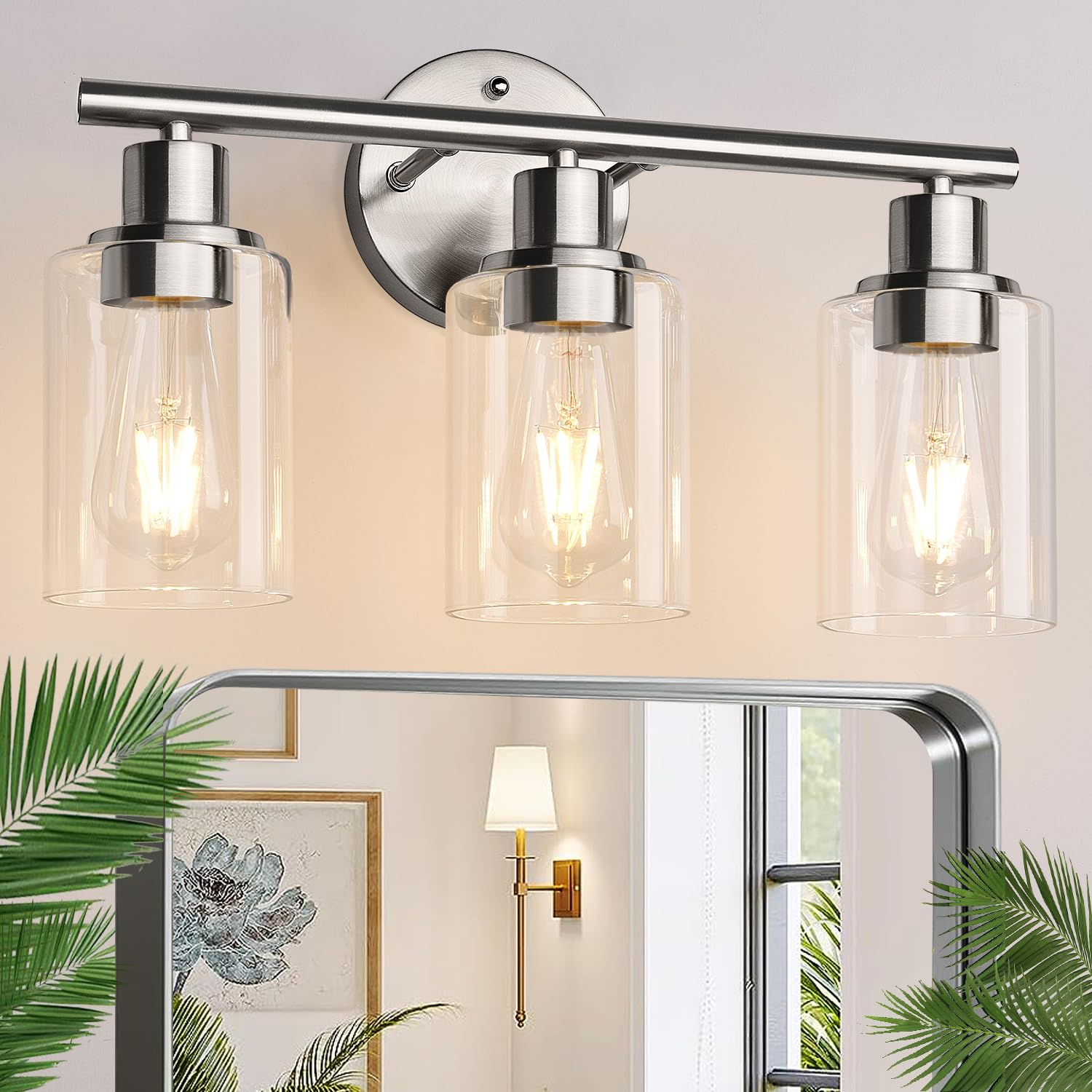 Zarbitta 3-Light Bathroom Light Fixtures, 17.23" Black Modern Vanity Lights with Clear Glass Shade, Bathroom Wall Lamp for Mirror Kitchen Living Room Hallway Cabinet Porch
