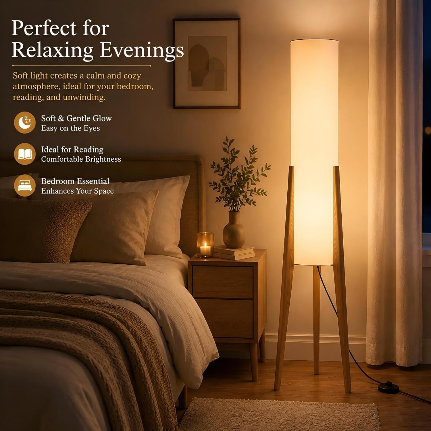50 Nordic Wood Floor Lamp, 3 Color Light with Fabric Shade for Living Room Bedroom