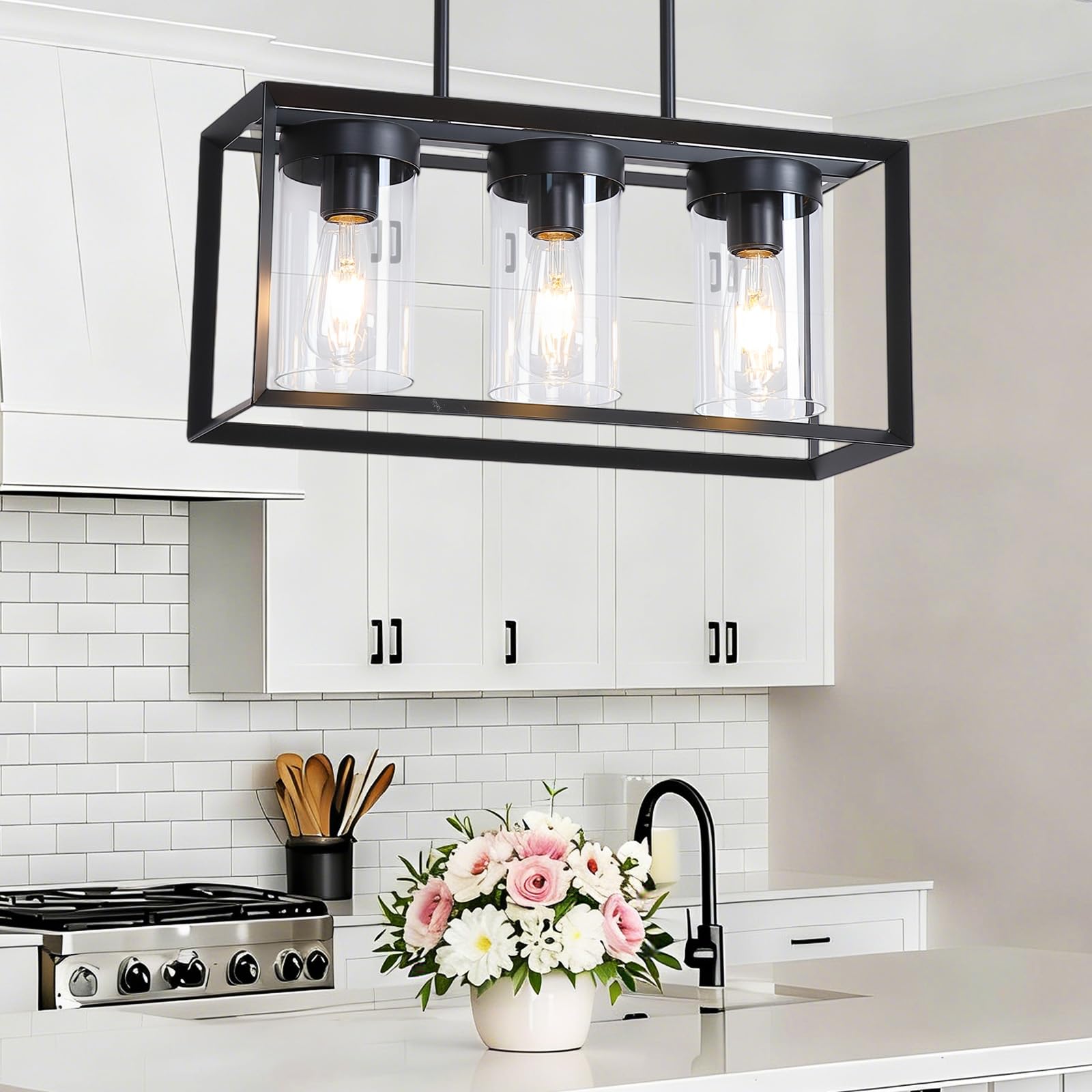 2 Pack Farmhouse Black Kitchen Island Pendant Light Fixtures,Height Adjustable Metal Rod Hanging Modern Pendant Lighting with Metal Cage and Clear Glass Shade for Entryway Bedroom