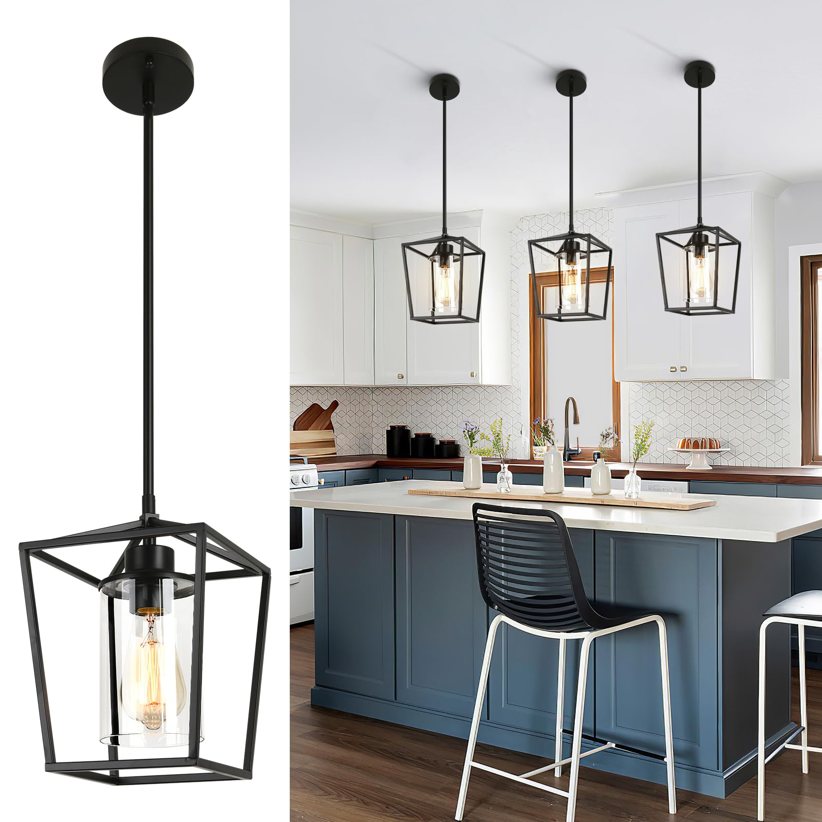 Black Pendant Lights Kitchen Island, 1-Light Farmhouse Kitchen Pendant Lighting Over Island, Metal Cage Island Hanging Lights for Kitchen, Dining Room, Entryway, Hallway, Foyer