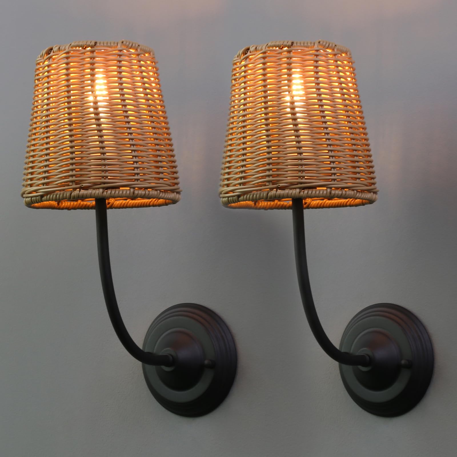 Yosoan Set of 2 Rattan Boho Wrapped Wall Sconce Light, Indoor Hardwired Gold Hand-Woven Farmhouse Vintage Wall Lamps, Brass Handmade Shade Wall Mount Fixture for Reading Bedside Bedroom(Antique)