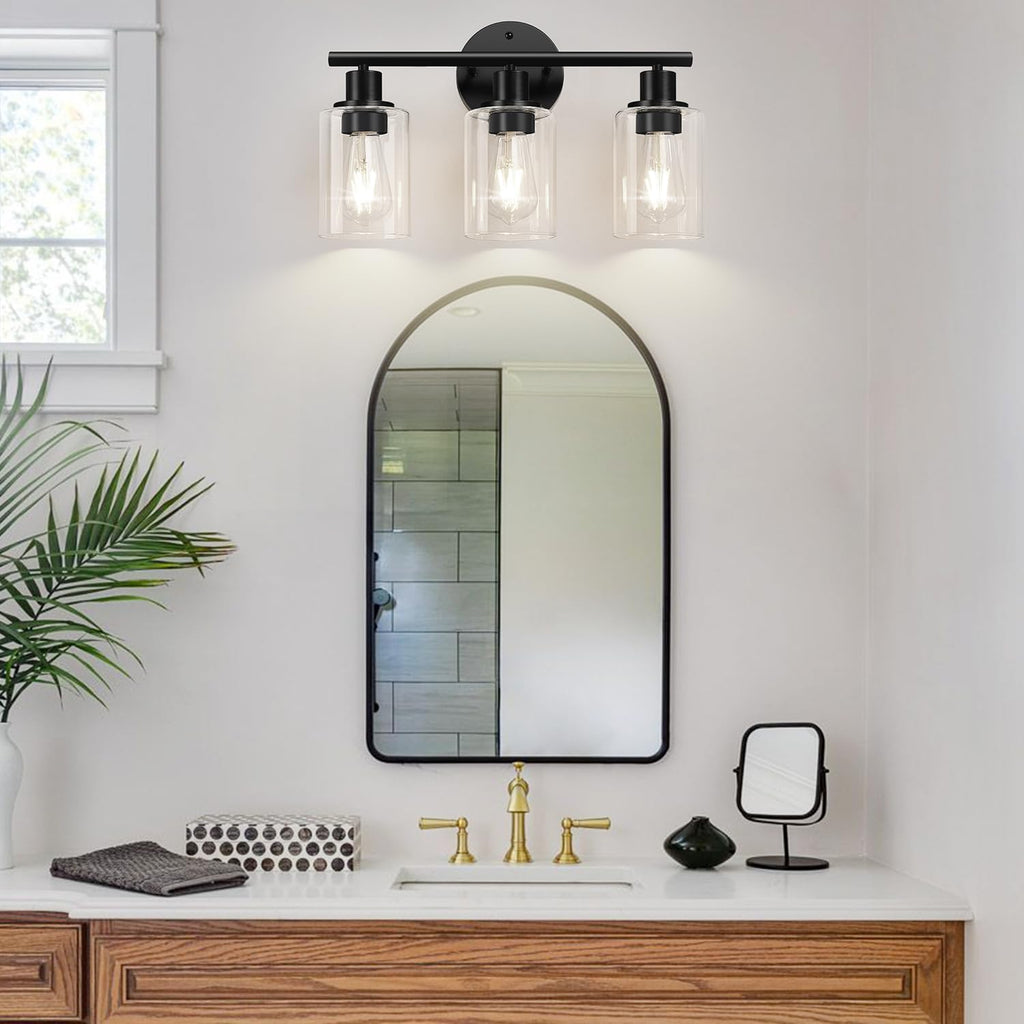 Zarbitta 3-Light Bathroom Light Fixtures, 17.23" Black Modern Vanity Lights with Clear Glass Shade, Bathroom Wall Lamp for Mirror Kitchen Living Room Hallway Cabinet Porch