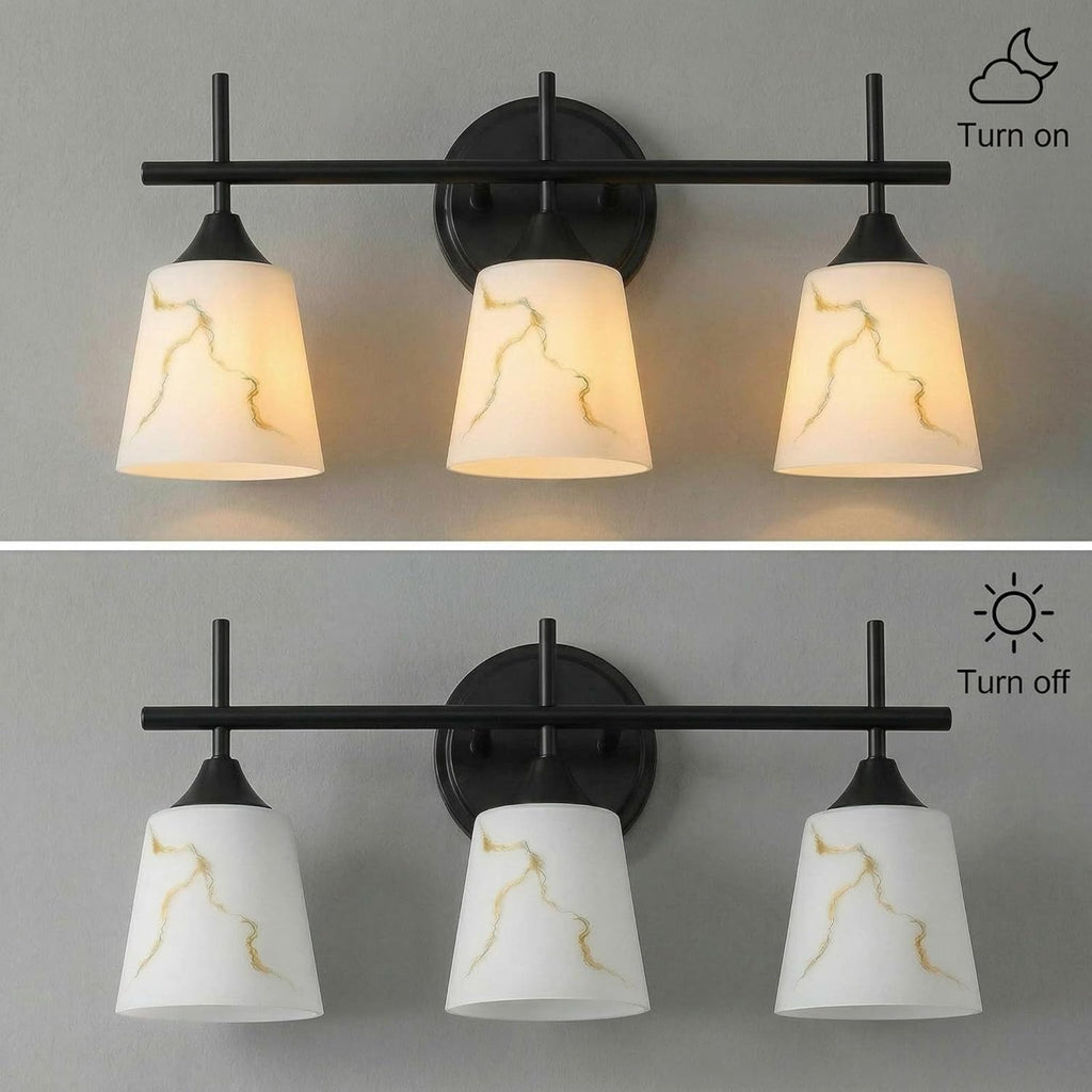 3-Light Black Mid Century Bathroom Light Fixture, Modern Vanity Light with White Marble Glass Shade, for Bathroom Mirror, Living Room, Bedroom, Hallway, E26 Base