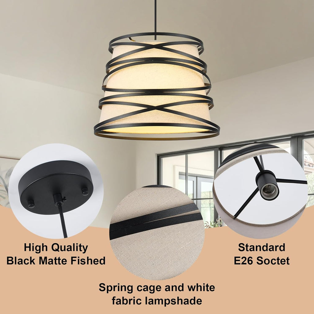 Modern Drum Pendant Light with Black Metal Cage & Cream Fabric Shade, Industrial Farmhouse Hanging Light Fixture for Kitchen Island, Dining Room, Living Room, Hallway