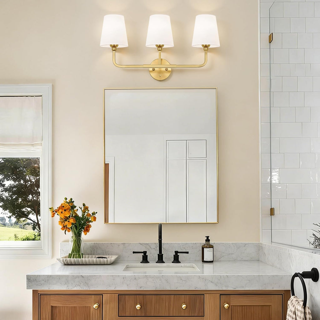 MOKATNG Bathroom Light Fixtures, 3-Light Brushed Gold Vanity Lights, Bathroom Lighting Fixtures Over Mirror with Flared White Fabric Shade, Modern Wall Sconces for Living Room Hallway