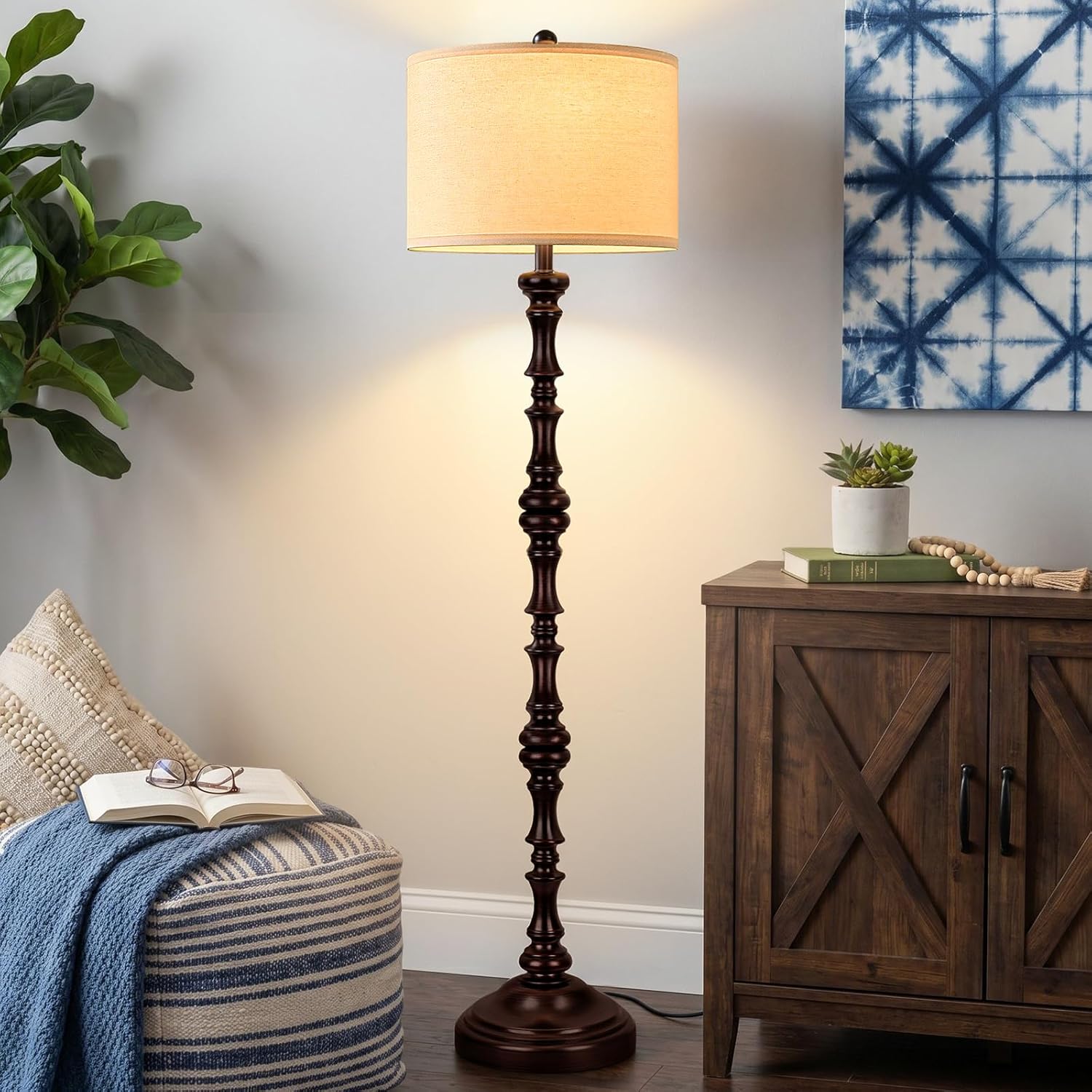 Coucrek Vintage Floor Lamp for Living Room, 61'' Farmhouse Standing Lamp with Rotary Switch, Resin Rustic Tall Floor Lamp for Bedroom, Office, E26 Base, Bulb not Included, Red Brown