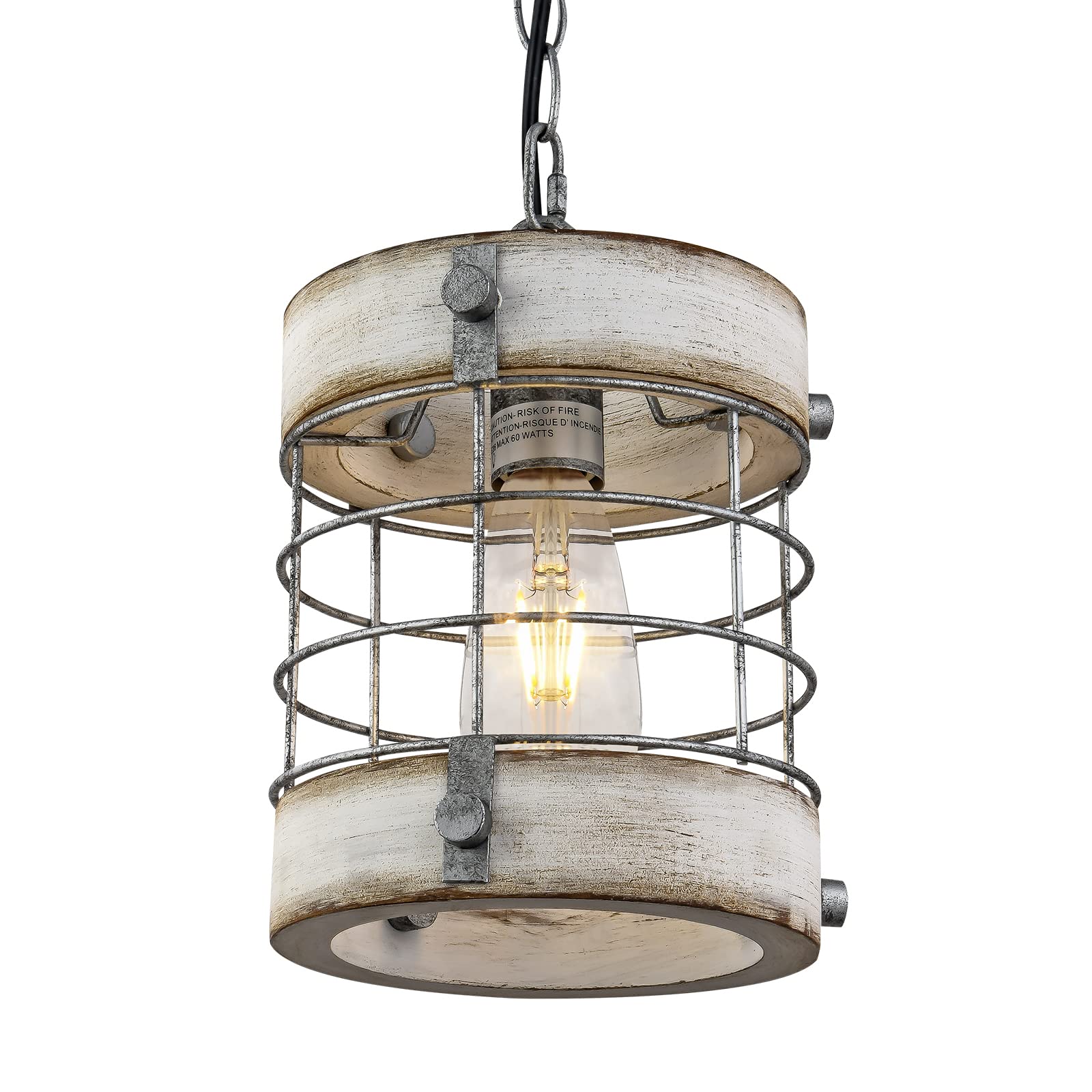 Retro Industrial Metal and Wood Farmhouse Chandeliers, 1-Light Round Cage Pendant Light Fixtures for Farmhouse Kitchen Island Foyer Hallway Bar Dining Room Restaurant, Brown, 2 Pack