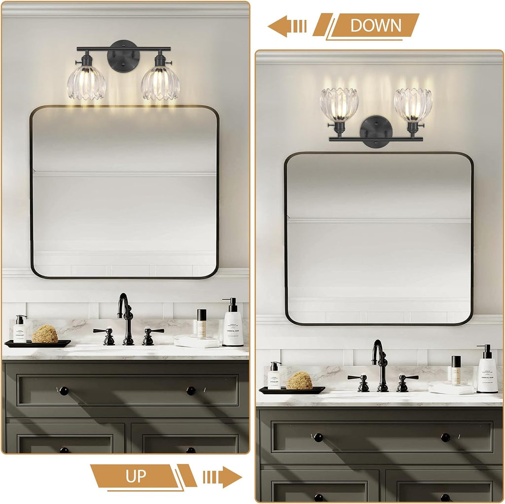 Matte Black 2 Light Bathroom Vanity Light,14.9in Modern Bathroom Lighting Fixtures Over Mirror with Clear Crystal Glass Shade,Vintage Vanity Lights for Bathroom Living Room Bedroom（not include bulbs)