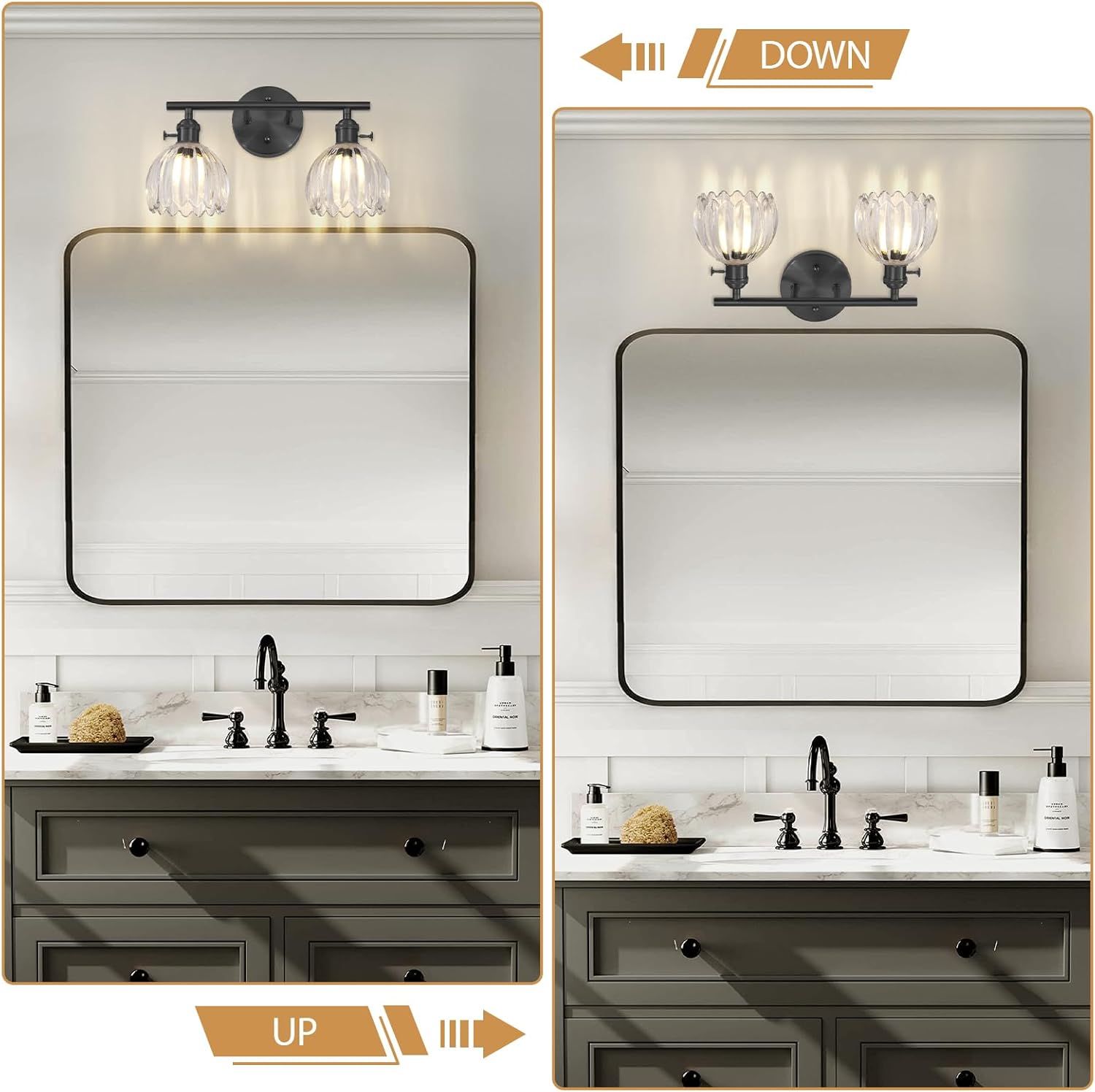 Matte Black 2 Light Bathroom Vanity Light,14.9in Modern Bathroom Lighting Fixtures Over Mirror with Clear Crystal Glass Shade,Vintage Vanity Lights for Bathroom Living Room Bedroom（not include bulbs)