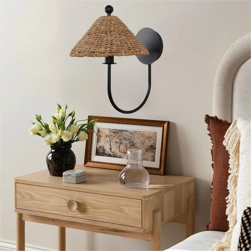 14.5" Boho Rattan Sconce, Natural Woven Rustic Wall Light