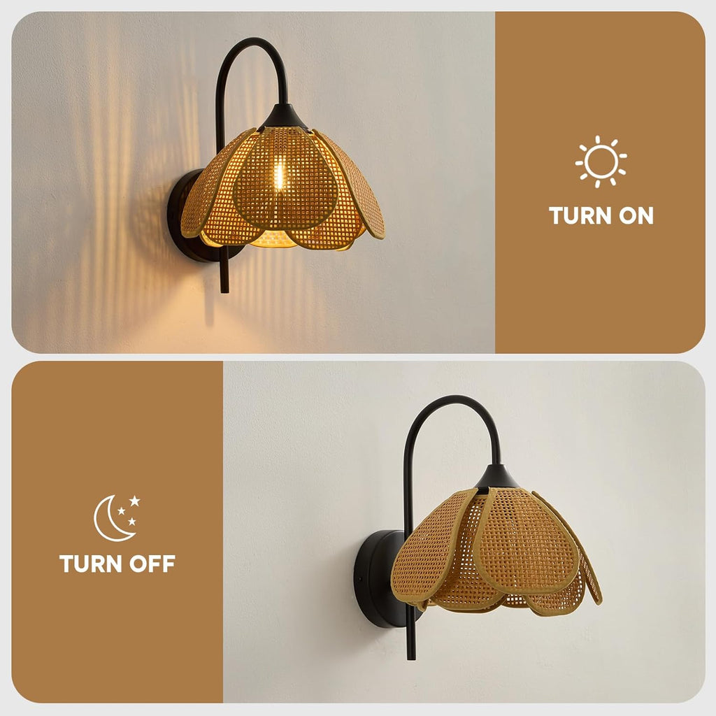 Boho Rattan Wall Sconce, 9.8in Flower Petal Hand-Woven Rattan Wall Lamp, Modern Farmhouse Hardwired Wall Light Fixture for Bedroom Bedside, Hallway, Living Room, Dining Room (E26 Base)