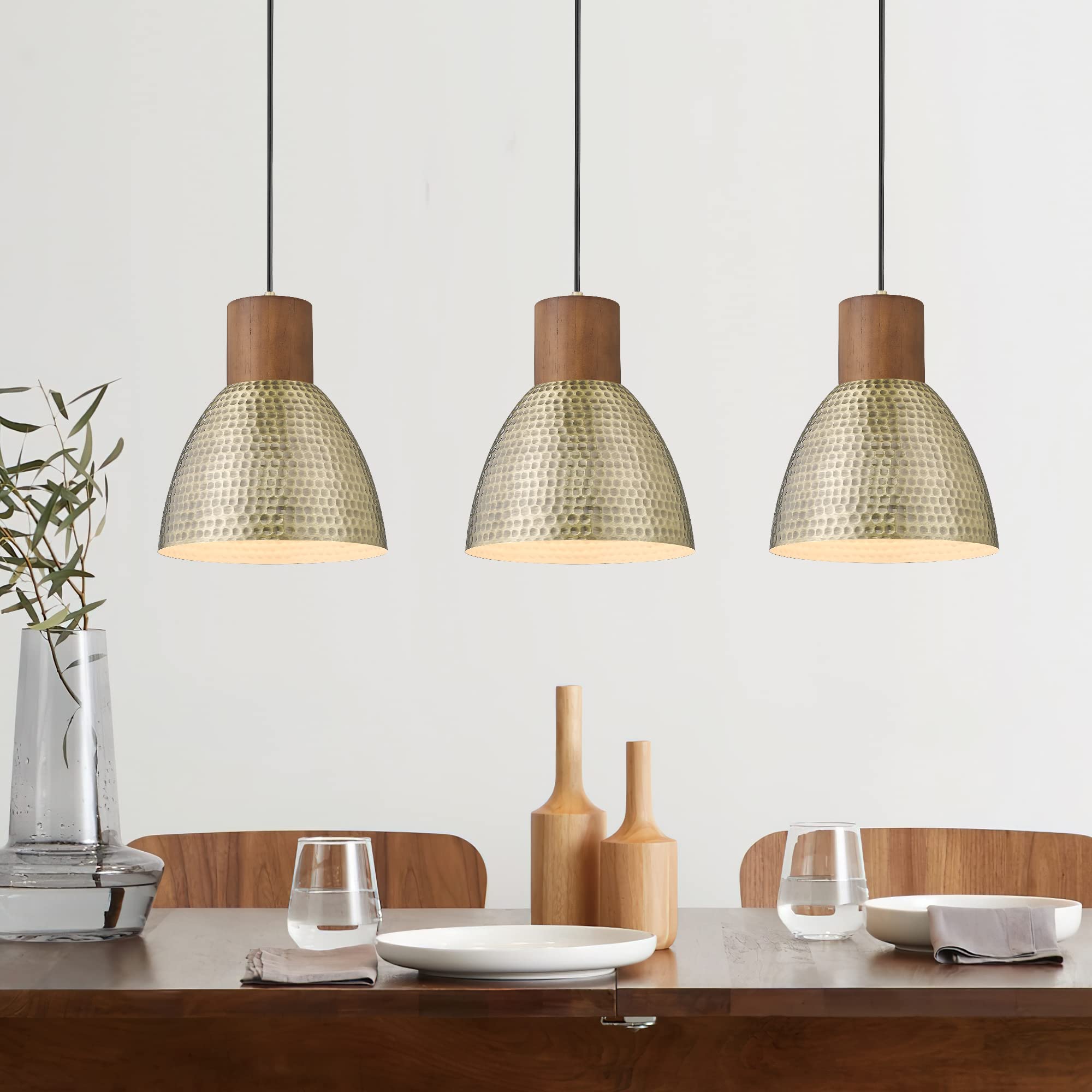 ELYONA Vintage Hammered Pendant Light Fixture, 7” Small Brushed Brass Metal Hanging Light Solid Wood Antique Gold Pendant Lamp for Kitchen Island, Farmhouse, Dining Room, Adjustable Height