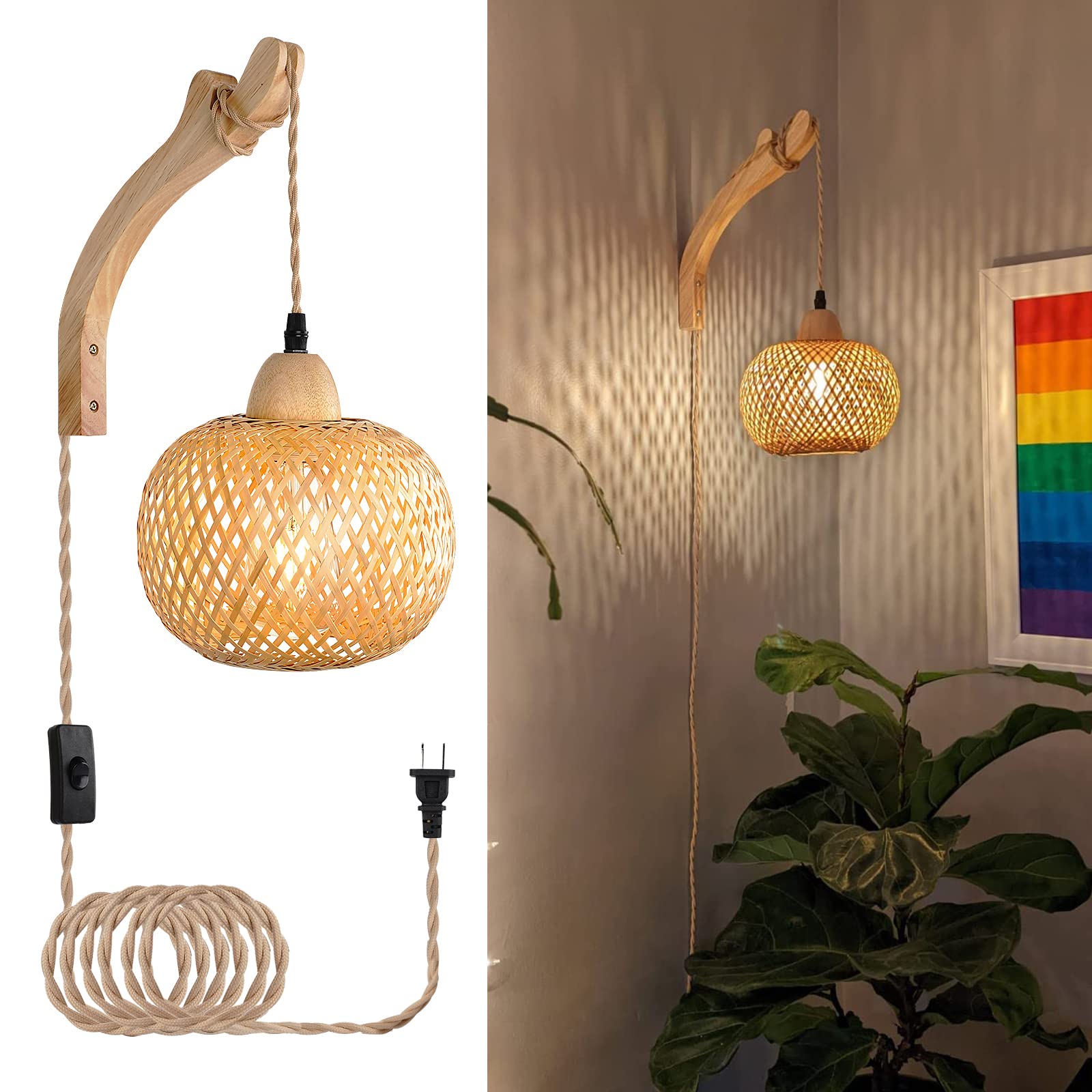 Frideko Plug in Wall Sconces Set of Two Hand Woven Lamp with Cord Rattan Lights Farmhouse Sconce Mounted Light Boho Lighting for Bedroom Living Room