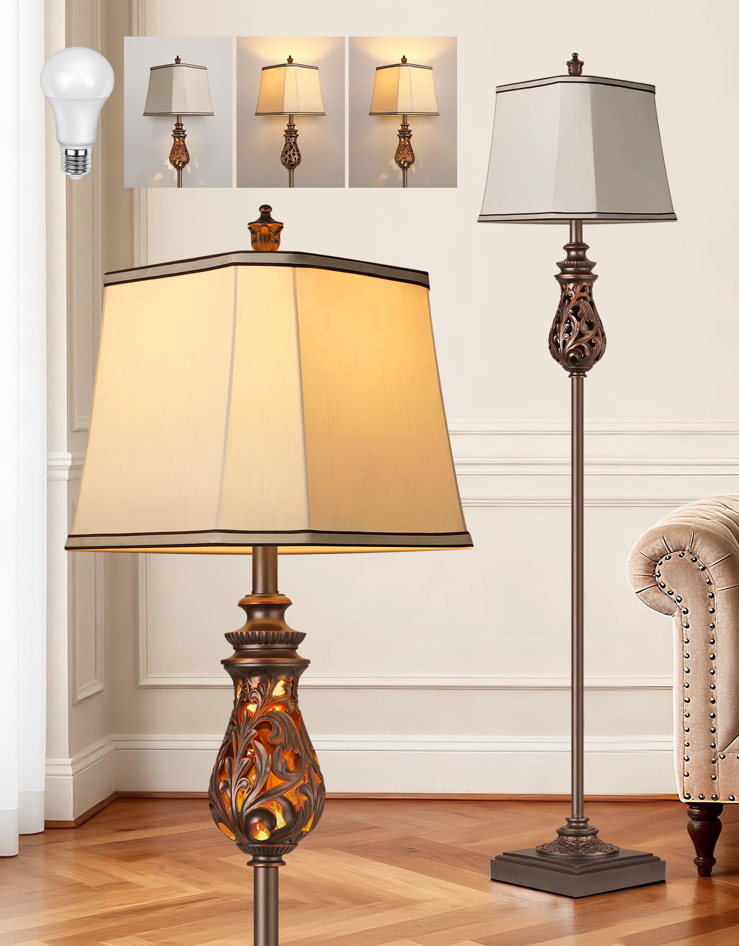 64" Farmhouse Floor Lamp, Vintage Standing Lamp with Nightlight & Linen Shade