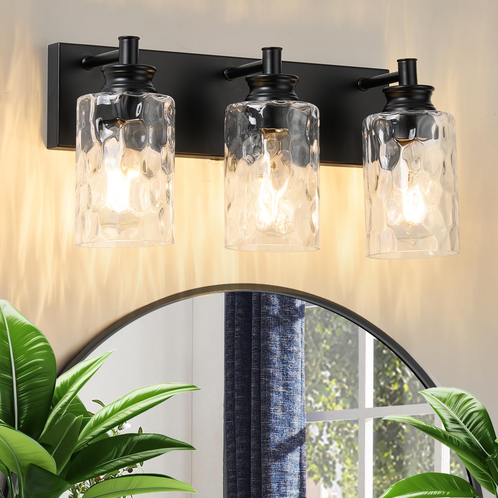 3-Light Black Vanity Light, Modern Bathroom Fixture with Hammered Glass Shades