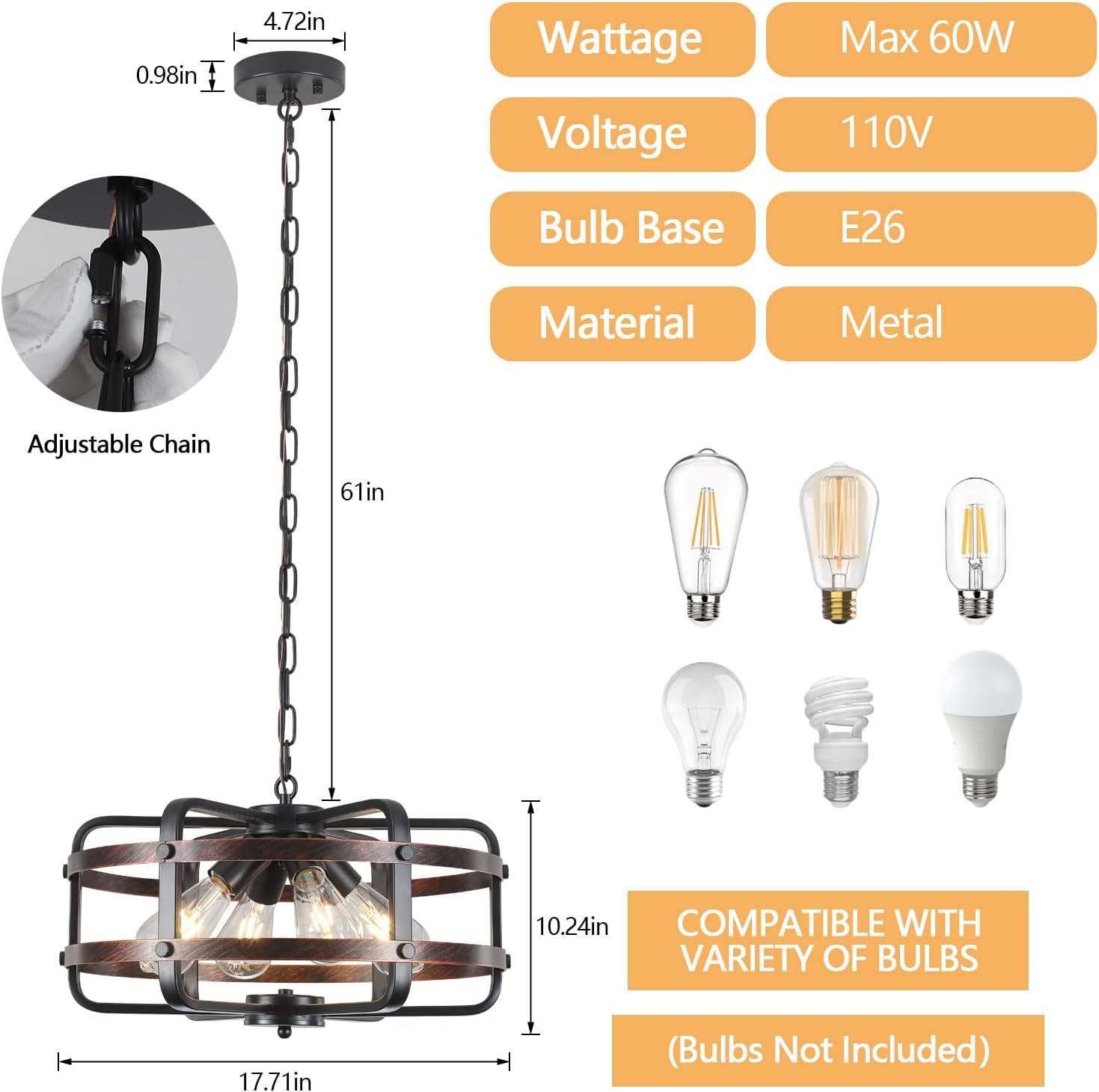 17.71" 4-Light Black Cage Chandelier, Modern Farmhouse Industrial Pendant Light for Dining Kitchen