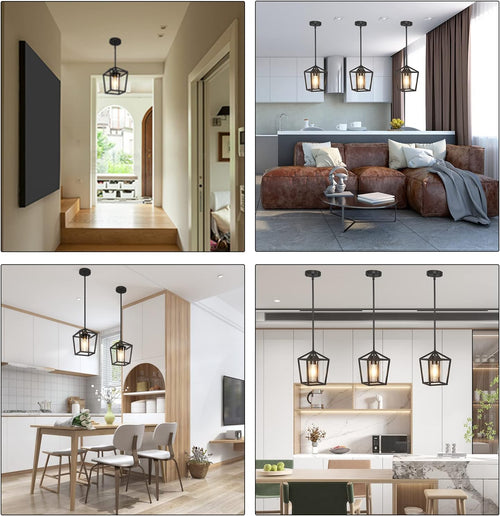 1 Pack Black Pendant Light Fixture Farmhouse Iron Cage Metal Pendant Light Lantern Hanging Light Fixtures with Clear Glass Shade for Kitchen Island, Dining Room, Hallway,Entryway1