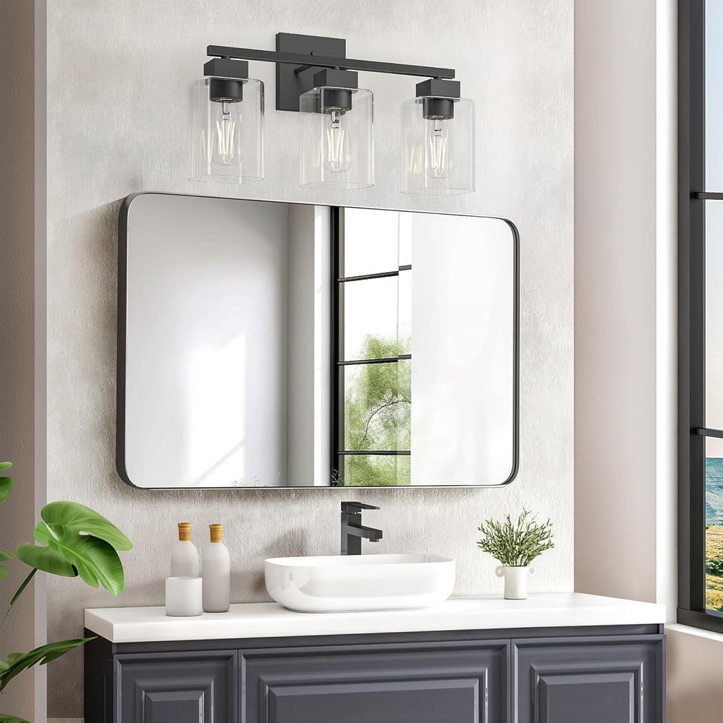 Matte Black Bathroom Vanity Light, 3-Light Vanity Lighting fixtures Over Mirror, Square Design & UL Certification, Wall Sconces with Clear Glass Shades, E26 Socket (Bulbs Not Included)