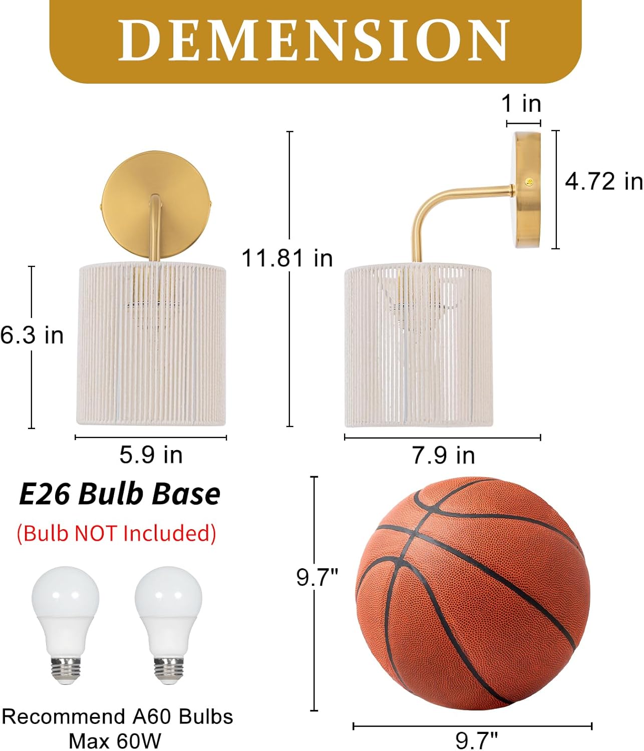 Rattan Wall Sconce Set of 2, Gold Boho Wall Sconces 12” High Hand Woven Wall Lamp Light with Rope Shade, Coastal Sconce for Vanity Bedroom Living Room Hallway Kitchen Stair (Hardwired)
