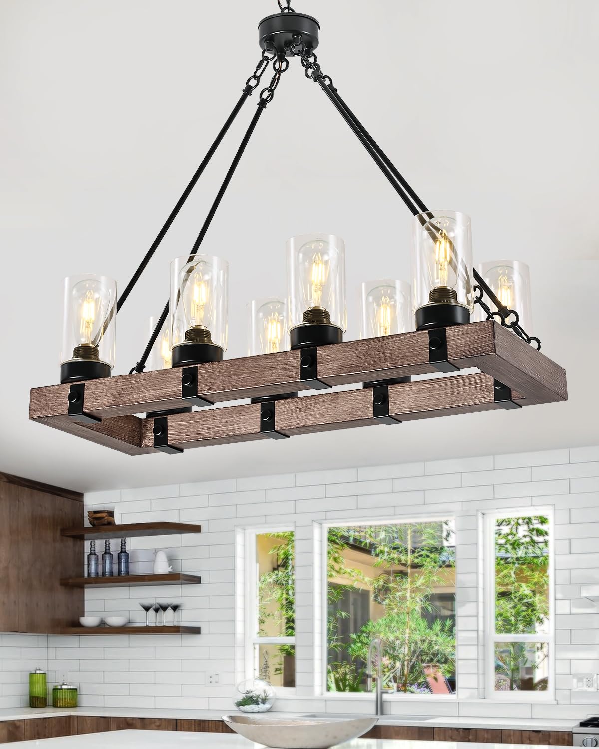 Industrial Pendant Light Fixture, 3-Light Kitchen Island Lighting with Wood Grain Bar and Black Metal Cage, Farmhouse Rustic Hanging Ceiling Lamp for Dining Room, Living Room