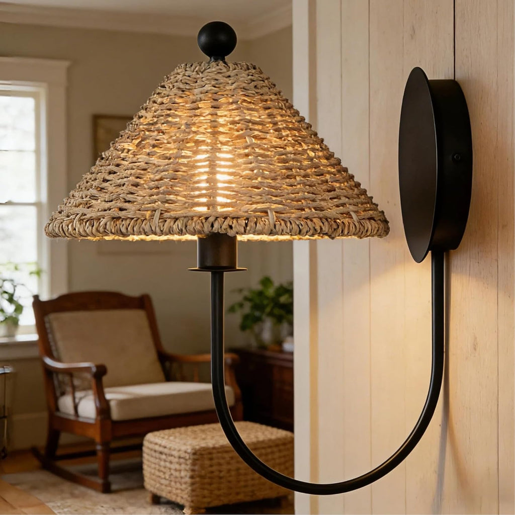 14.5" Boho Rattan Sconce, Natural Woven Rustic Wall Light