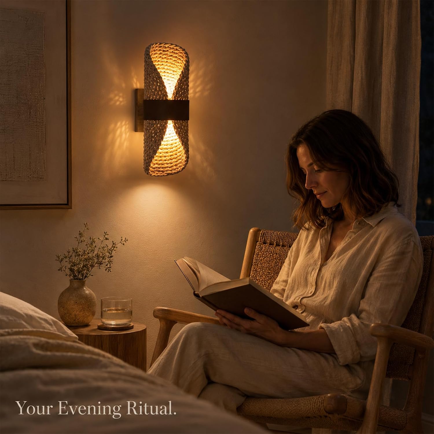 Boho Rattan Wall Sconces with Brown Leather Strap,Handmade Woven Wall Lamp with Wood Grain Base＆G9 Bulb, Rustic Hardwired Wall Lights for Living Room Bedside Hallway
