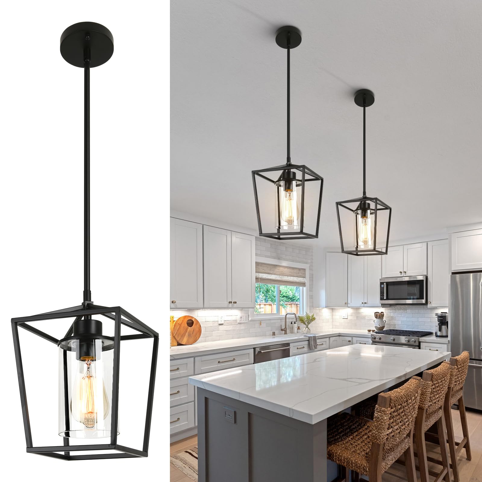 Black Pendant Lights Kitchen Island, 1-Light Farmhouse Kitchen Pendant Lighting Over Island, Metal Cage Island Hanging Lights for Kitchen, Dining Room, Entryway, Hallway, Foyer