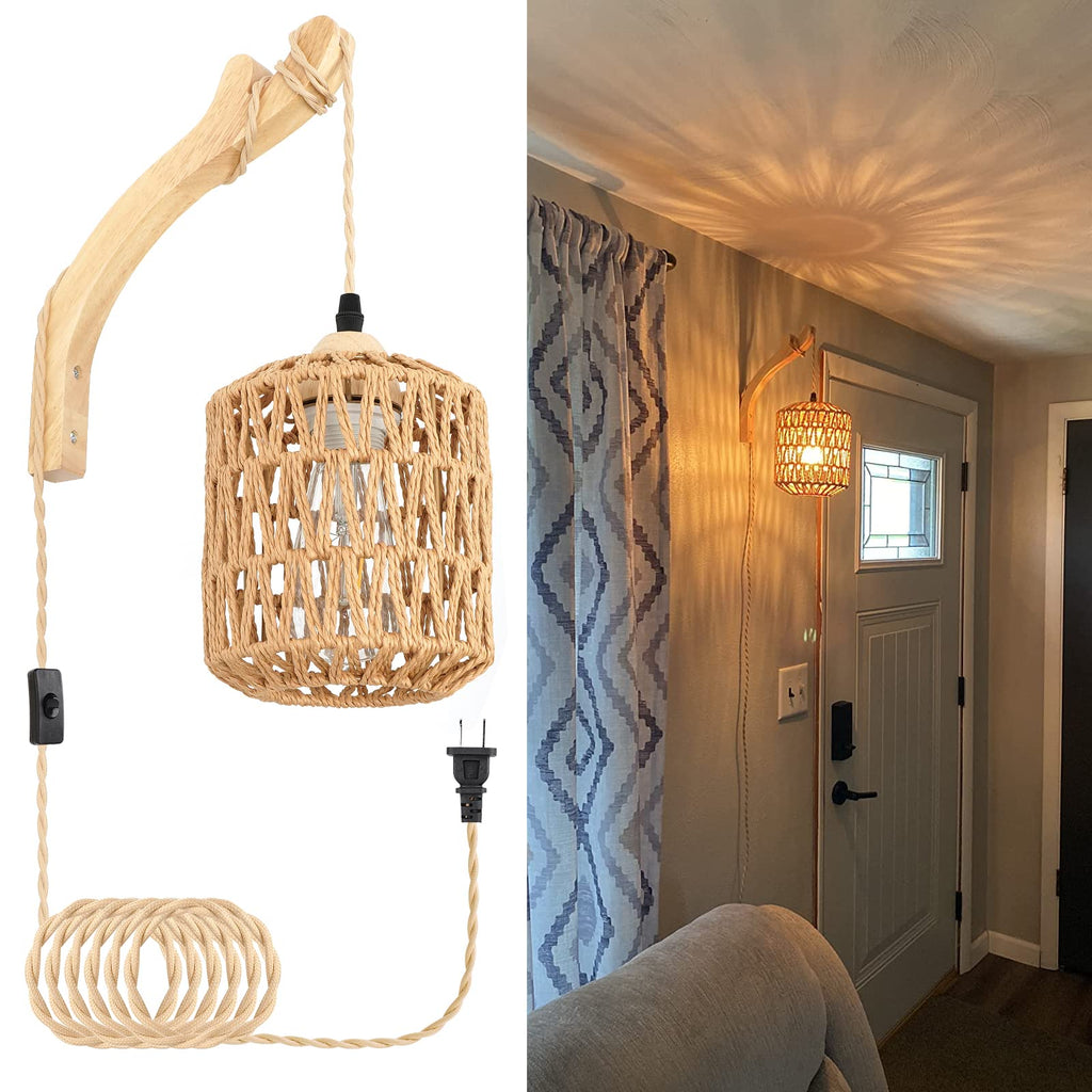 Frideko Plug in Wall Sconces Set of Two Hand Woven Lamp with Cord Rattan Lights Farmhouse Sconce Mounted Light Boho Lighting for Bedroom Living Room