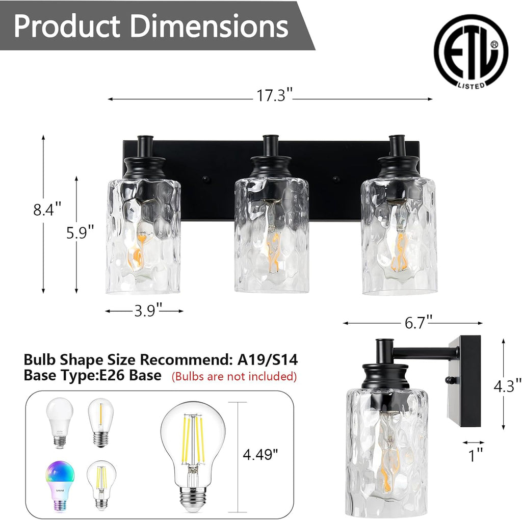 3-Light Black Vanity Light, Modern Bathroom Fixture with Hammered Glass Shades