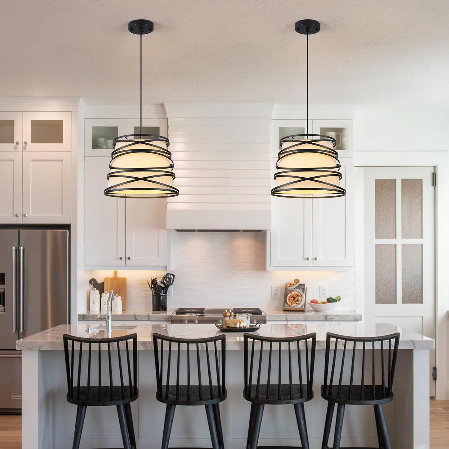 Modern Drum Pendant Light with Black Metal Cage & Cream Fabric Shade, Industrial Farmhouse Hanging Light Fixture for Kitchen Island, Dining Room, Living Room, Hallway