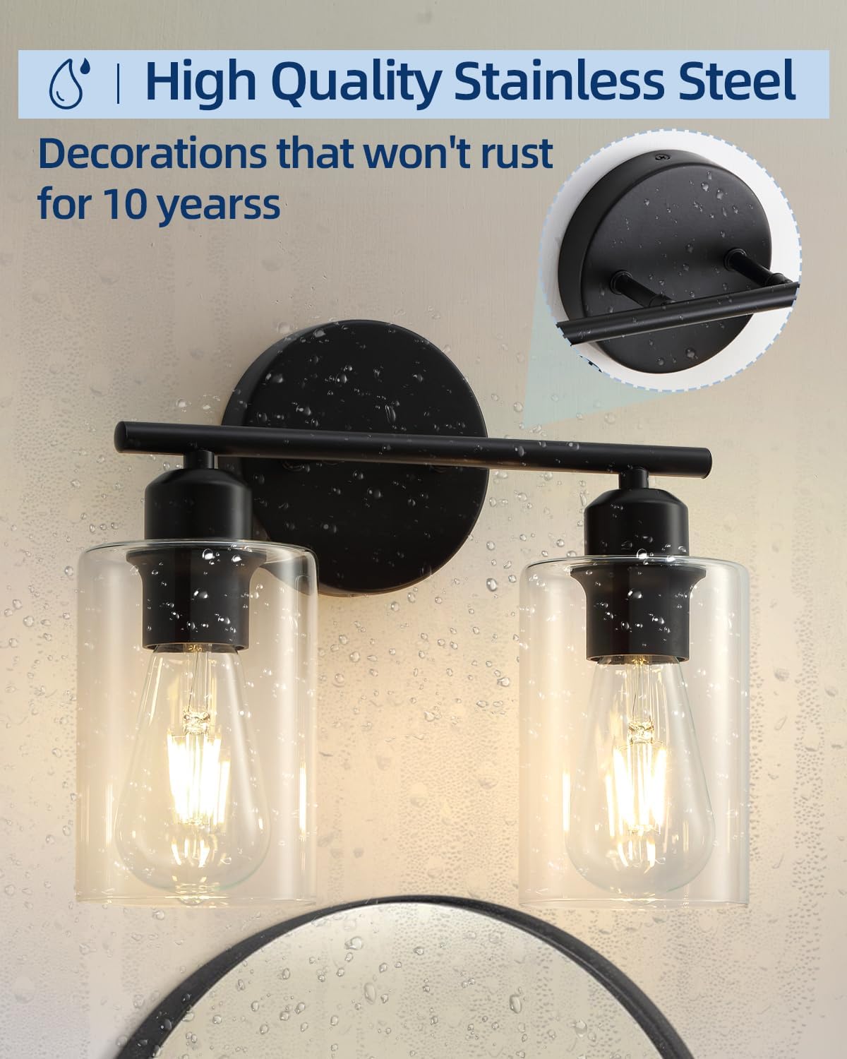 Modern Vanity Lights - Matte Black, Clear Glass Shade, Wall Sconce for Bathroom & Bedroom, 2 Pack