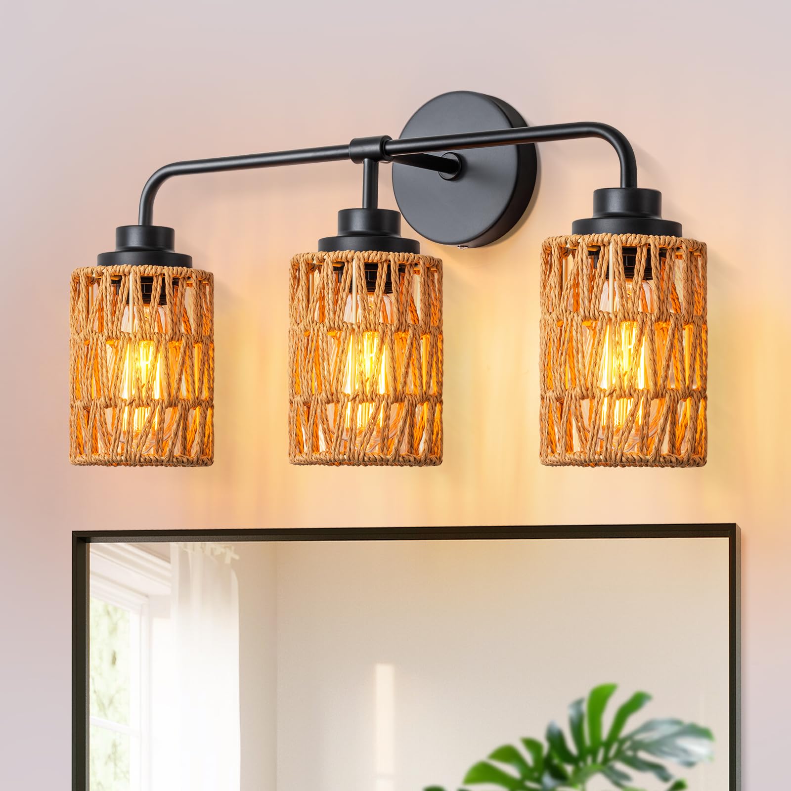 Boho Bathroom Light Fixtures, Rustic 2-Light Vanity Lights Over Mirror, Farmhouse Rattan Vanity Lighting with Hand-Woven Shades for Bedroom Bathroom Hallway Restroom