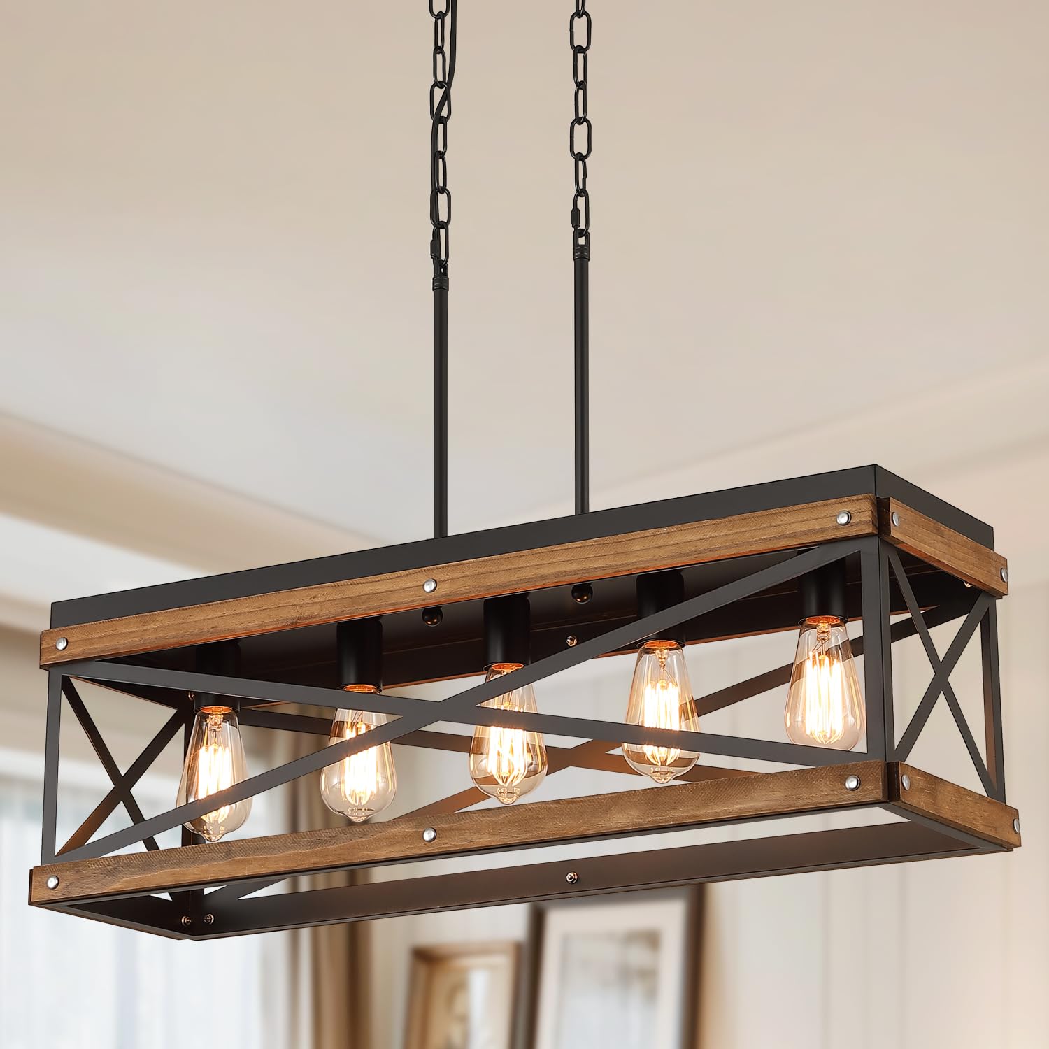 2 Pack Rustic Farmhouse Wood Pendant Light Fixture One-Light Adjustable Chain Oak Wood and Metal Lantern Cage Small Pendant Lighting for Kitchen Island Sink Hallway Farmhouse Bathroom Bar, Black