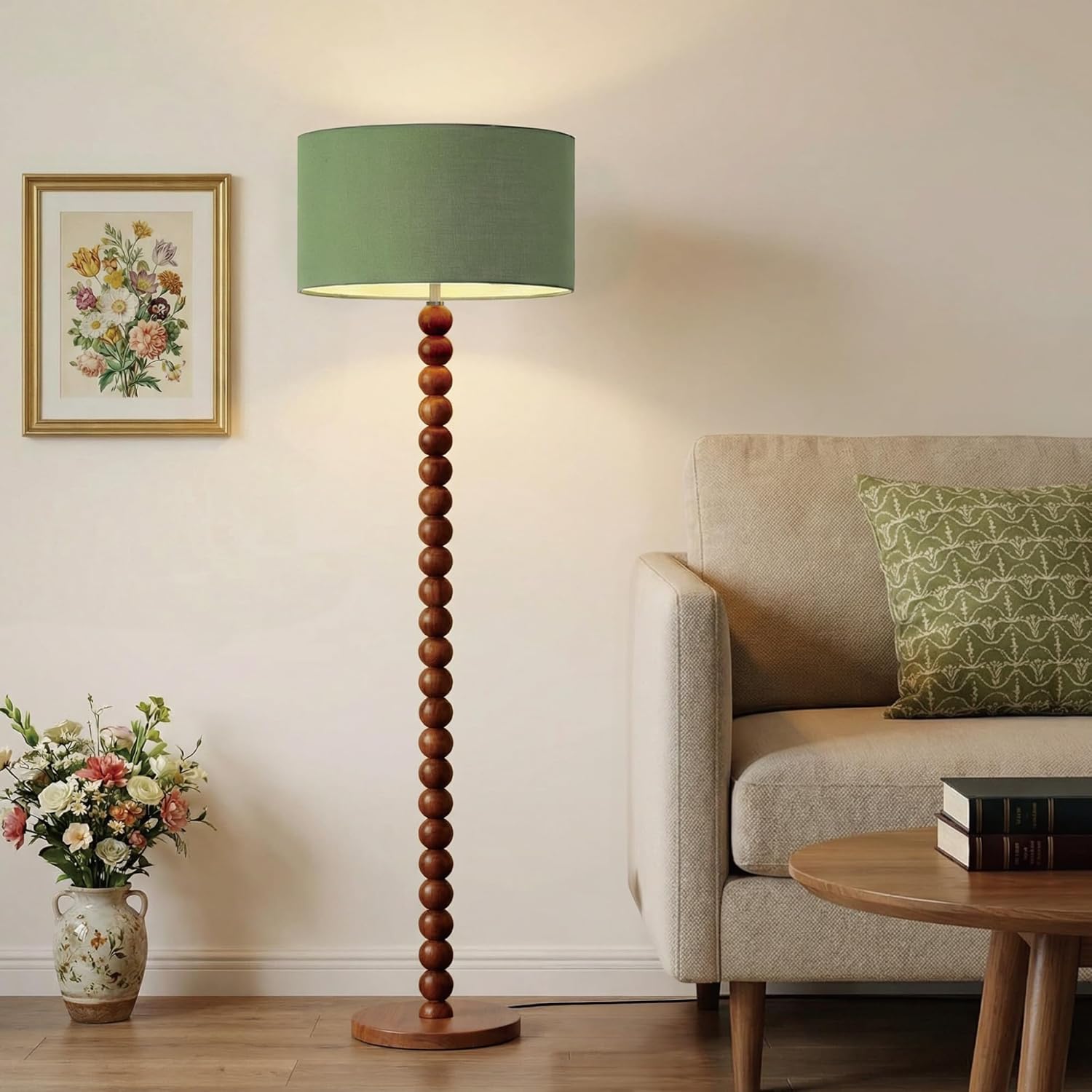 Buruis 61" Beaded Wood Floor Lamp with 17.2" Large Linen Shade, Retro Mid-Century Accent Walnut Finish Standing Lamp for Living Room, Bedroom, Office, Corner, UL Listed, Bulb Not Included, Green