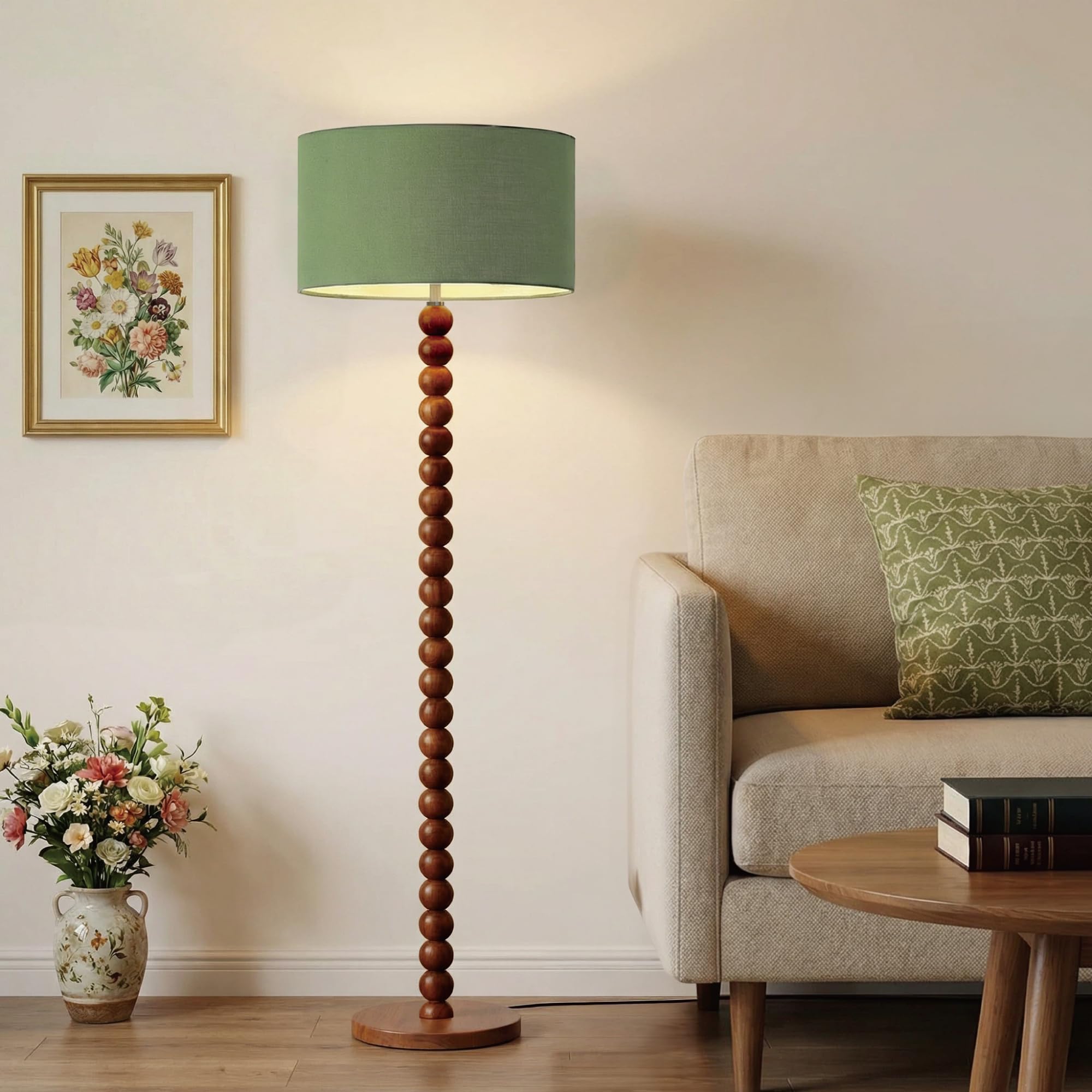 Buruis 61" Beaded Wood Floor Lamp with 17.2" Large Linen Shade, Retro Mid-Century Accent Walnut Finish Standing Lamp for Living Room, Bedroom, Office, Corner, UL Listed, Bulb Not Included, Green