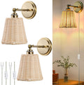 Plug in Wall Sconces, Handwoven Rattan Boho Wall Lamp with Adjustable 180° Lamp Head, E26 Ceramic Base, Perfect for Entryway, Hallway, Stairway, Bedroom, Living Room