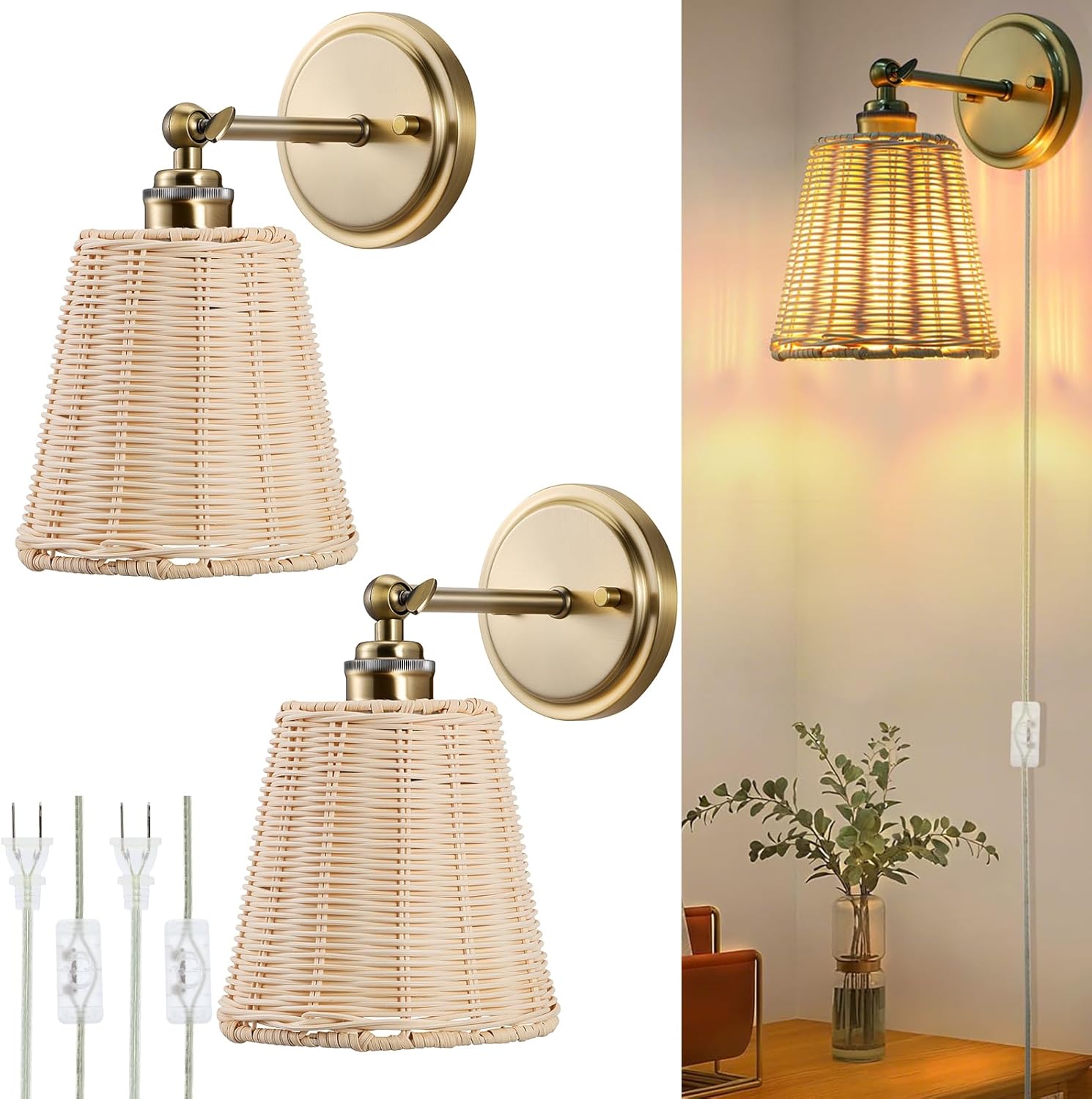 Plug in Wall Sconces, Handwoven Rattan Boho Wall Lamp with Adjustable 180° Lamp Head, E26 Ceramic Base, Perfect for Entryway, Hallway, Stairway, Bedroom, Living Room