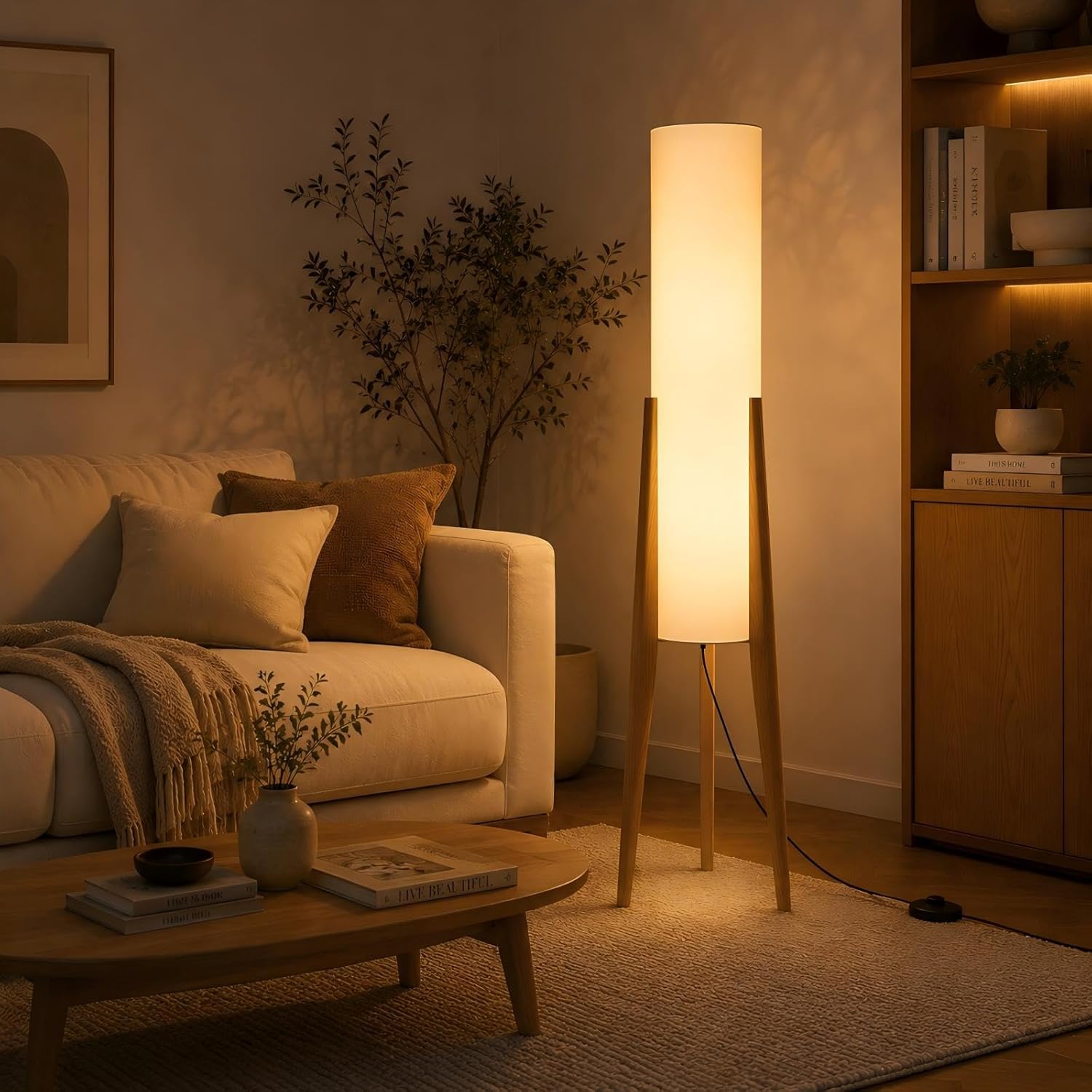50 Nordic Wood Floor Lamp, 3 Color Light with Fabric Shade for Living Room Bedroom