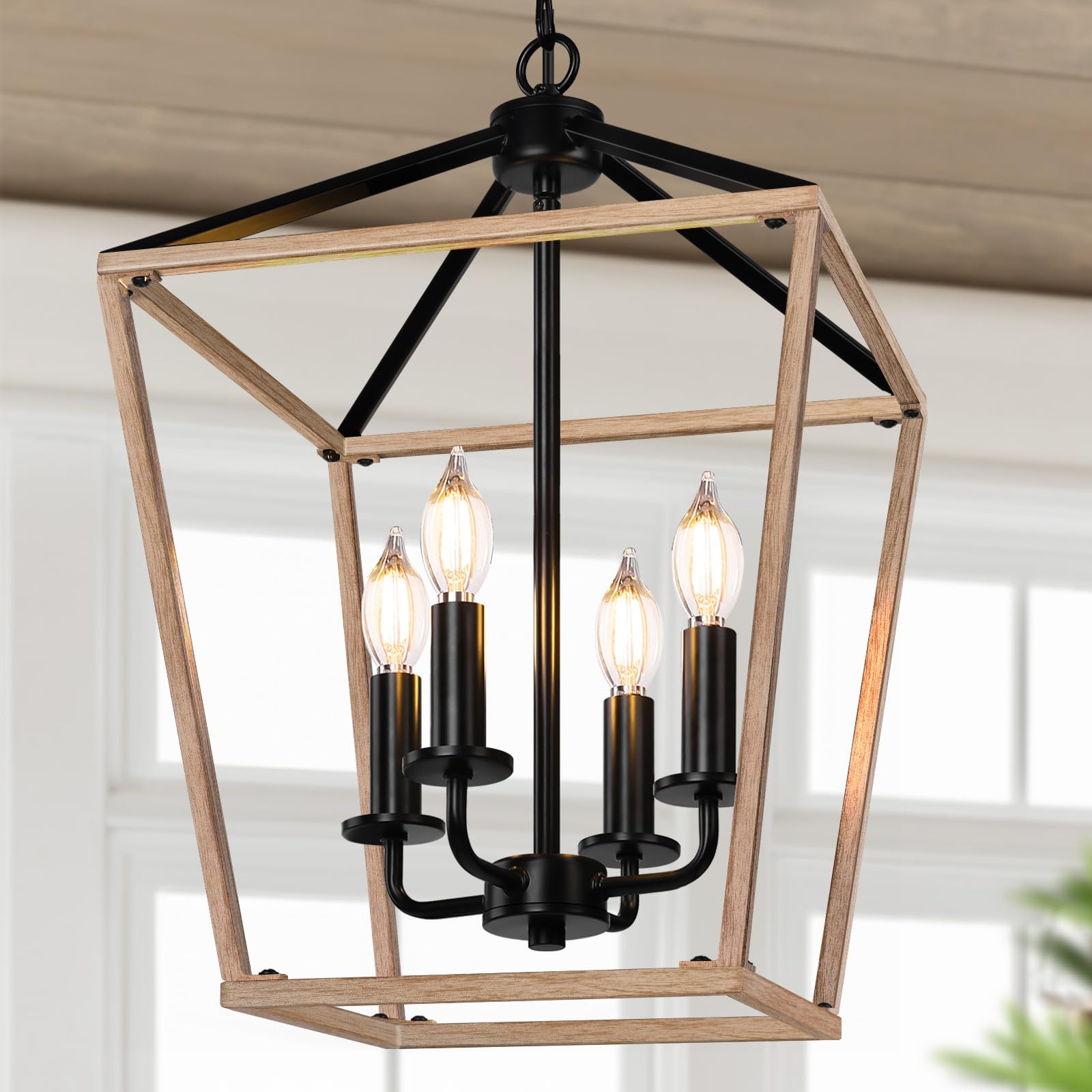 BrightHome Farmhouse Chandelier 4-Light, Black Pendant Light Fixture for Kitchen Island Dining Room, Lantern Industrial Lighting Ceiling Hanging with Metal Cage Adjustable Height for Entryway Foyer