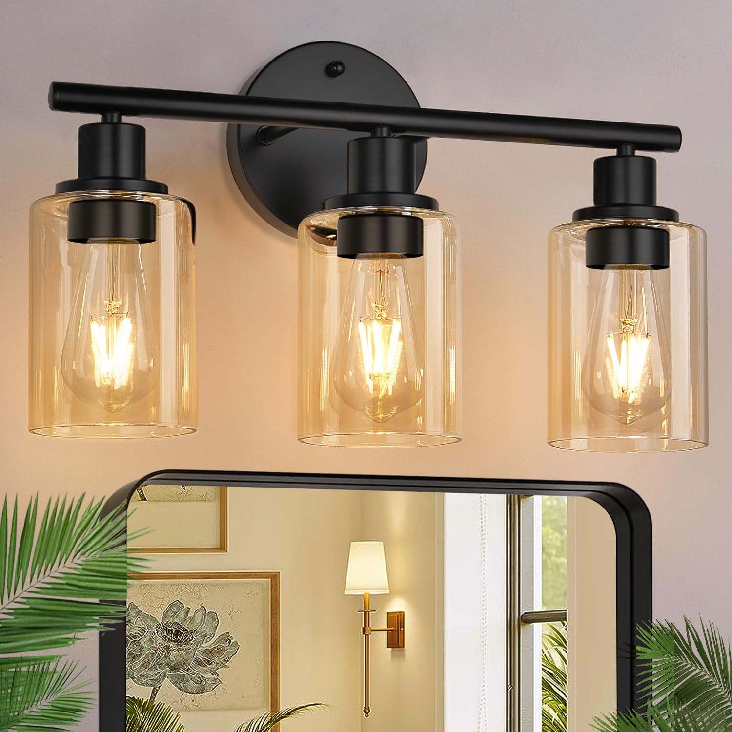 Zarbitta 3-Light Bathroom Light Fixtures, 17.23" Black Modern Vanity Lights with Clear Glass Shade, Bathroom Wall Lamp for Mirror Kitchen Living Room Hallway Cabinet Porch