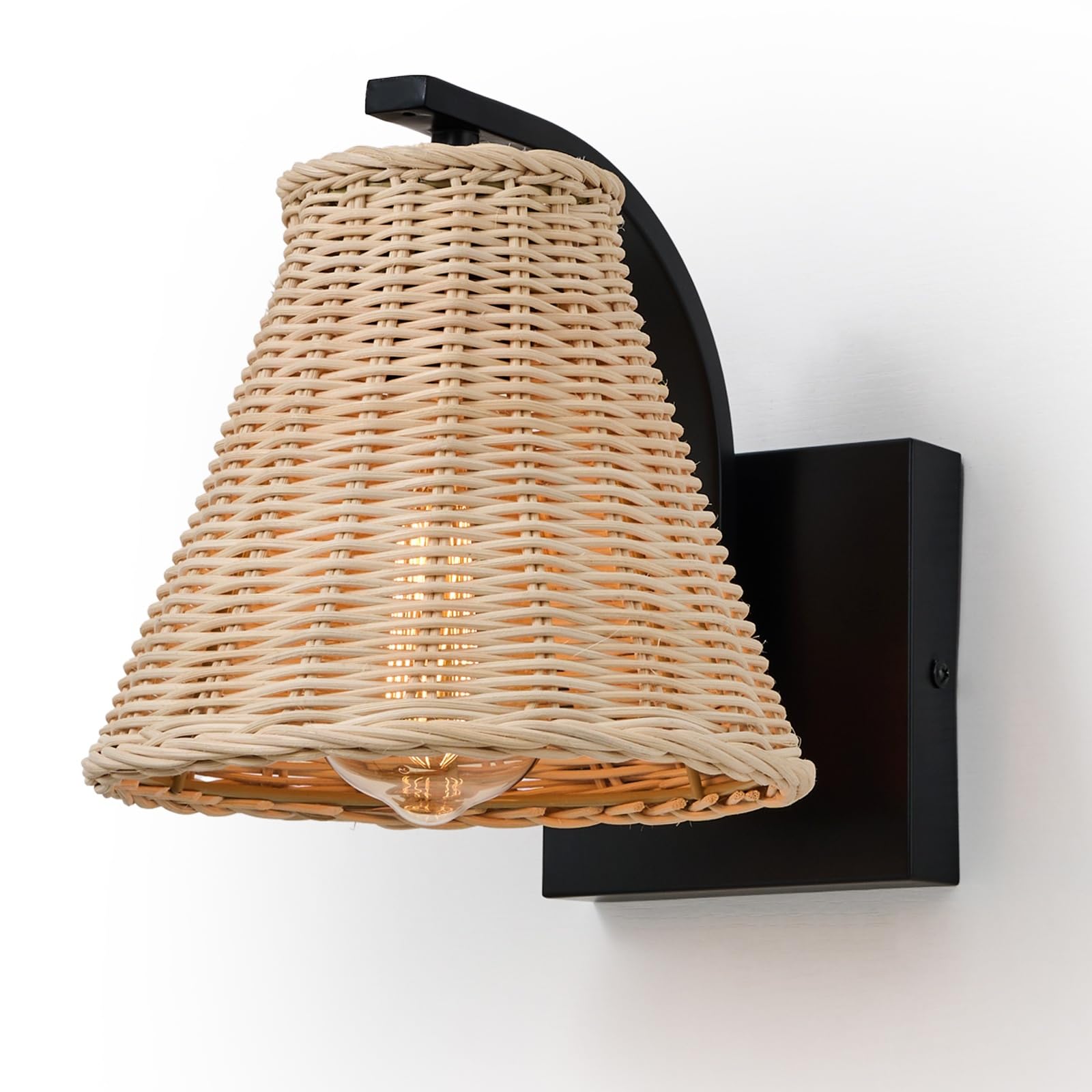 Boho Rattan Wall Sconce Set of Two, Wrapped Wall Light Fixtures with Hand Woven Wicker Lamp Shade, Farmhouse Rustic Indoor Wall Mount Lighting Fixture for Bedroom Bedside Living Room Hallway Bathroom
