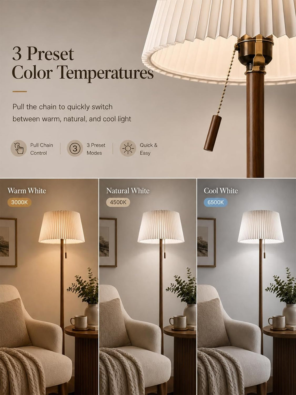 MOFFE 65" Mid Century Real Wood Floor Lamp with Remote, Sculptural Standing Lamp with Teardrop Base & Wooden Pull Chain, Dimmable with Adjustable Color Temperature & Timer (Bulb Included)