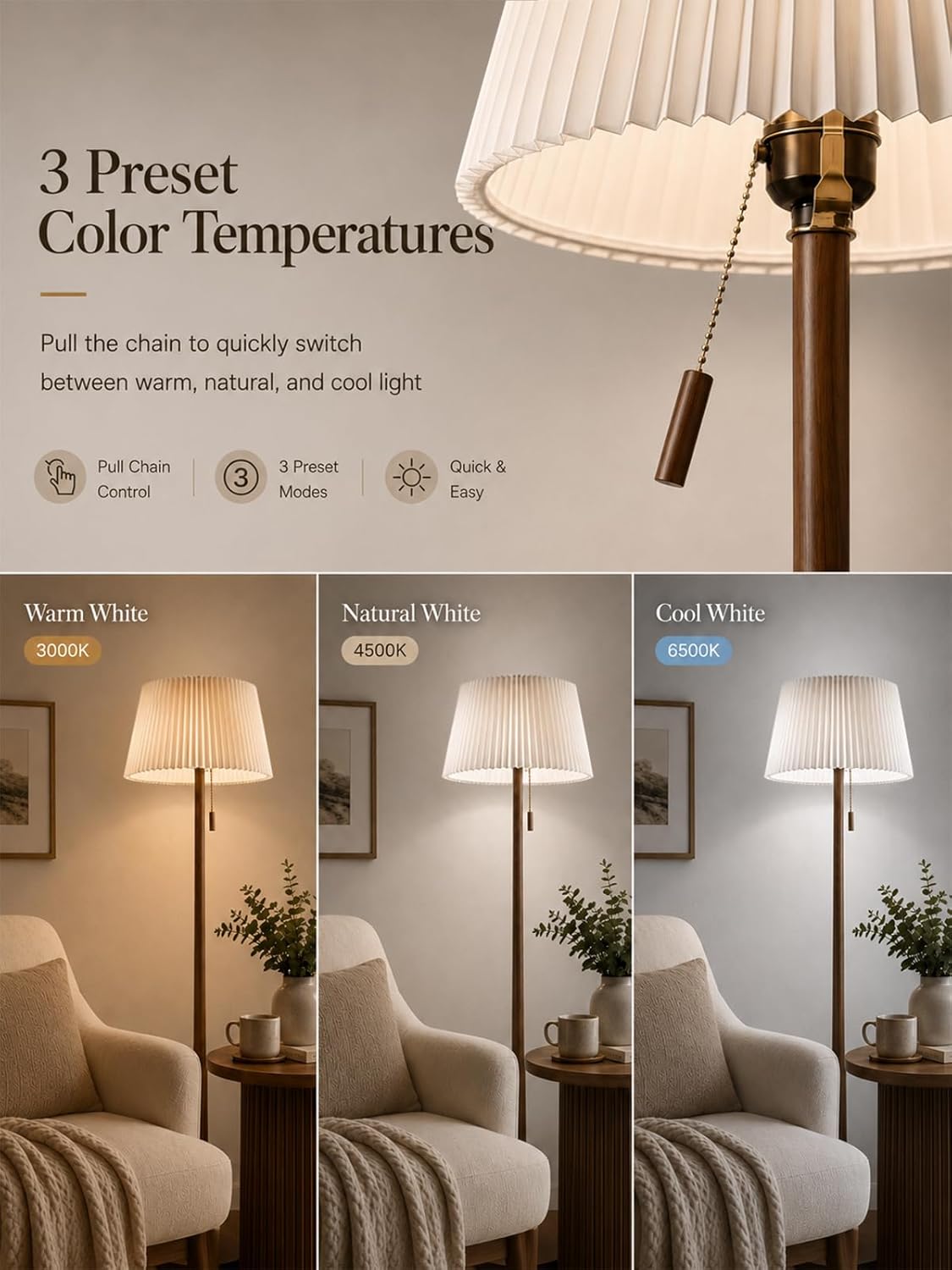 MOFFE 65" Mid Century Real Wood Floor Lamp with Remote, Sculptural Standing Lamp with Teardrop Base & Wooden Pull Chain, Dimmable with Adjustable Color Temperature & Timer (Bulb Included)