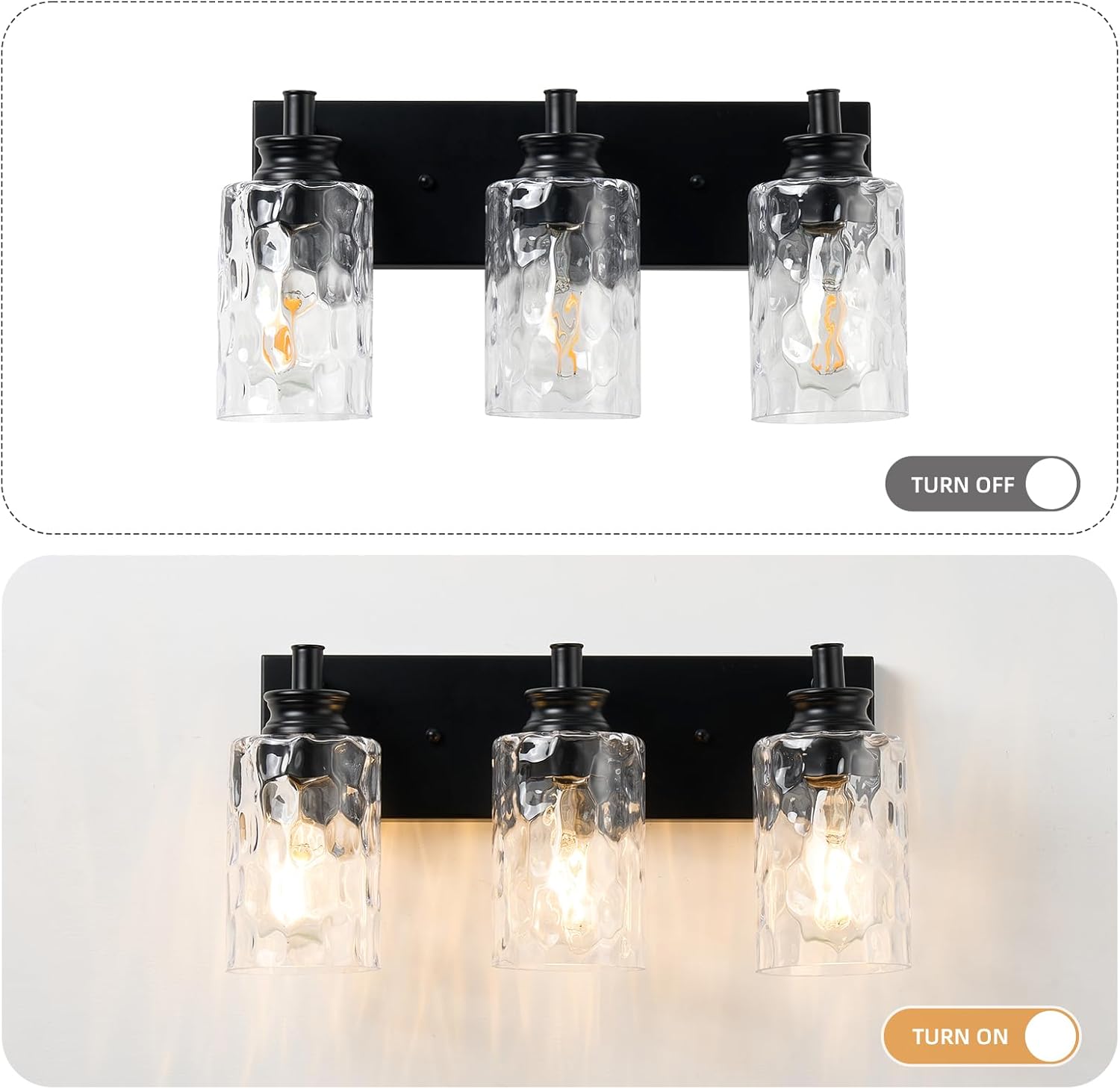 3-Light Black Vanity Light, Modern Bathroom Fixture with Hammered Glass Shades