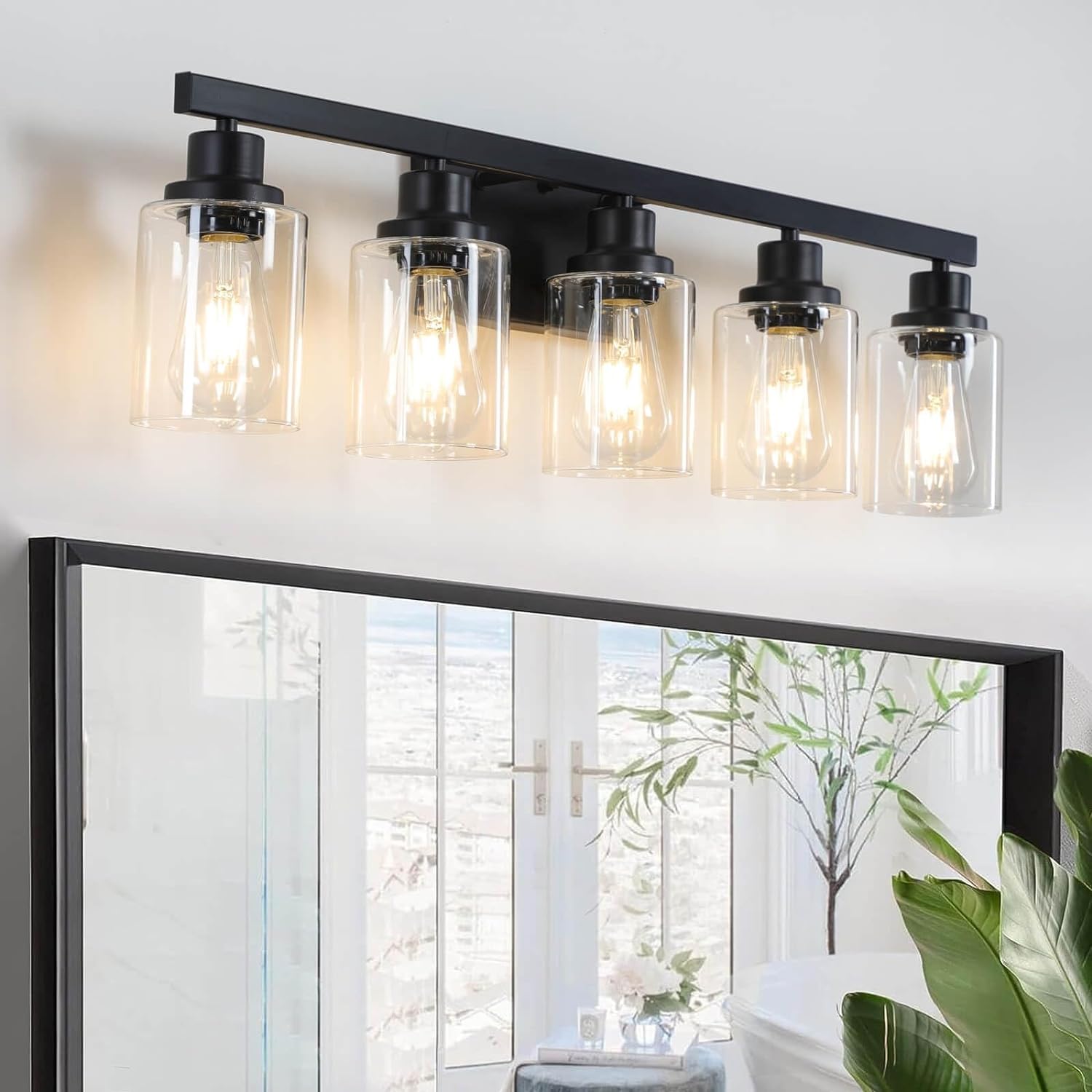4-Light Bathroom Vanity Light, Modern Matte Black Wall Sconce Lighting with Clear Glass Shade, Bathroom Lighting Fixtures Over Mirror,Vintage Wall Mounted Lamps for Mirror Bedroom,Living Room