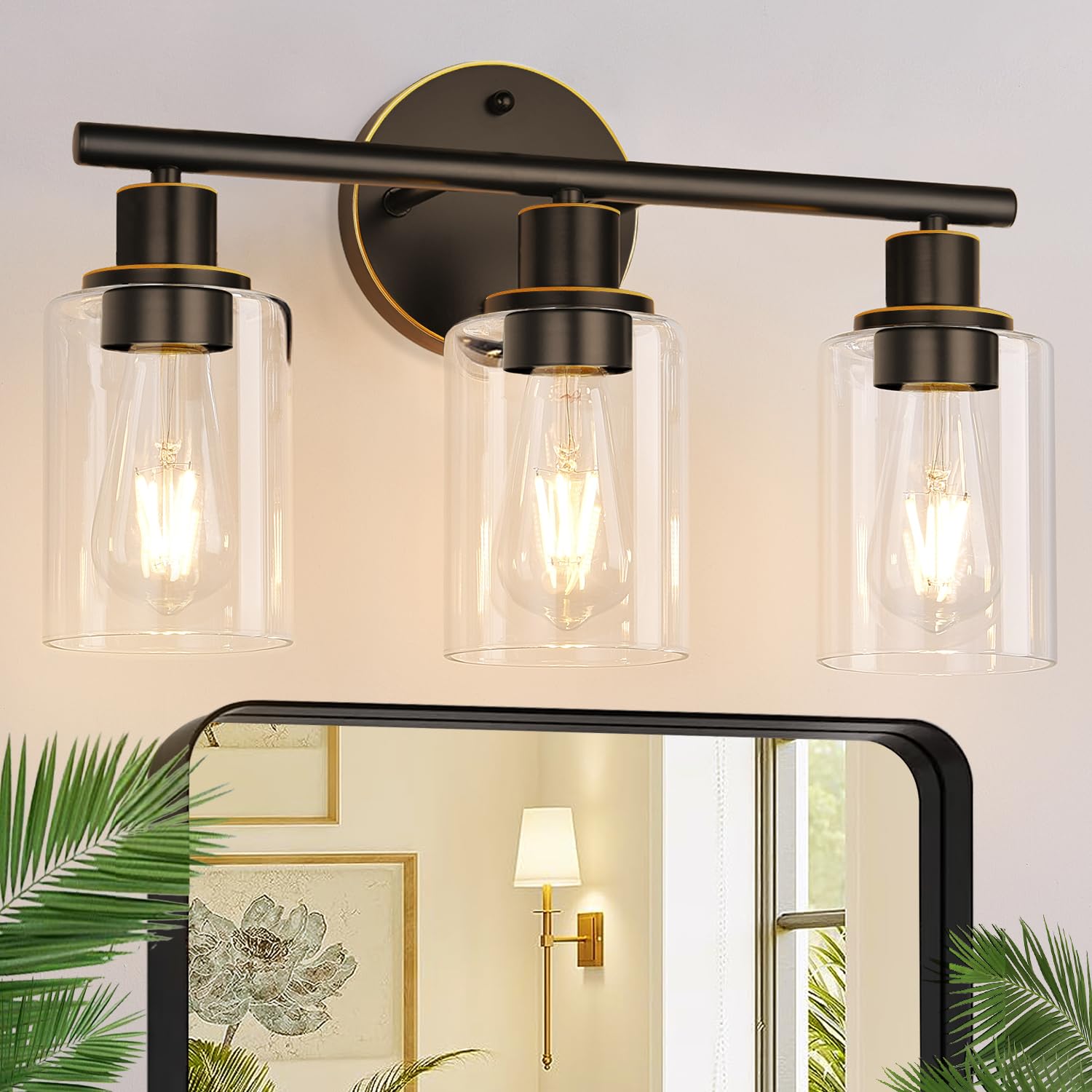 Zarbitta 3-Light Bathroom Light Fixtures, 17.23" Black Modern Vanity Lights with Clear Glass Shade, Bathroom Wall Lamp for Mirror Kitchen Living Room Hallway Cabinet Porch