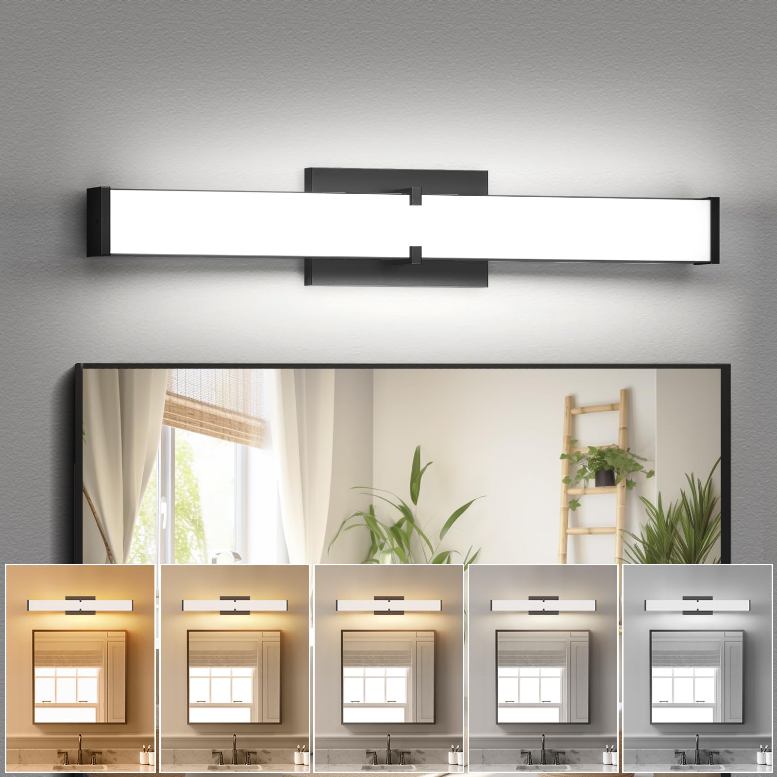 Modern 24IN Black Bathroom Vanity Light, 25W 2500 Lumen Dimmable, 5CCT, ETL Certified